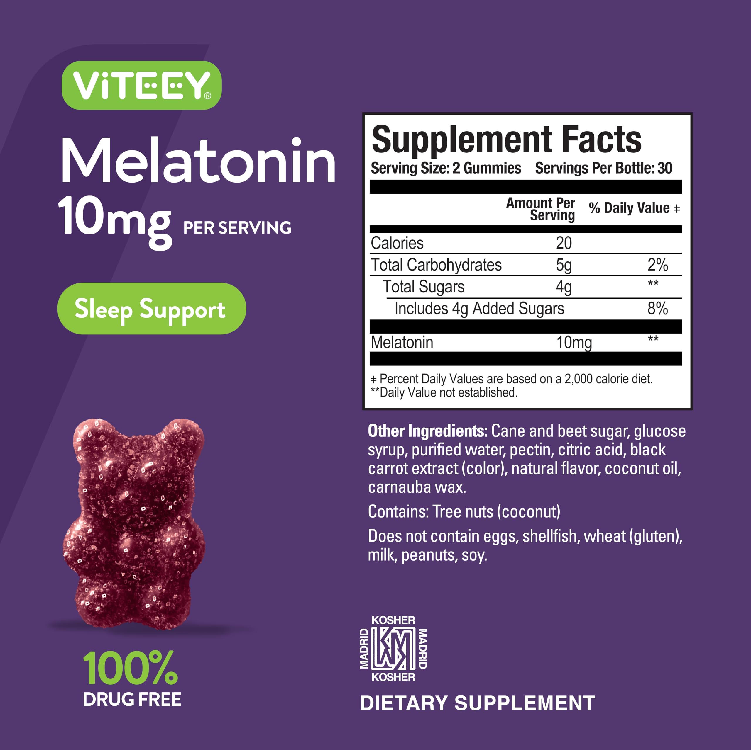 Viteey Melatonin Gummies 10mg gummies on a table