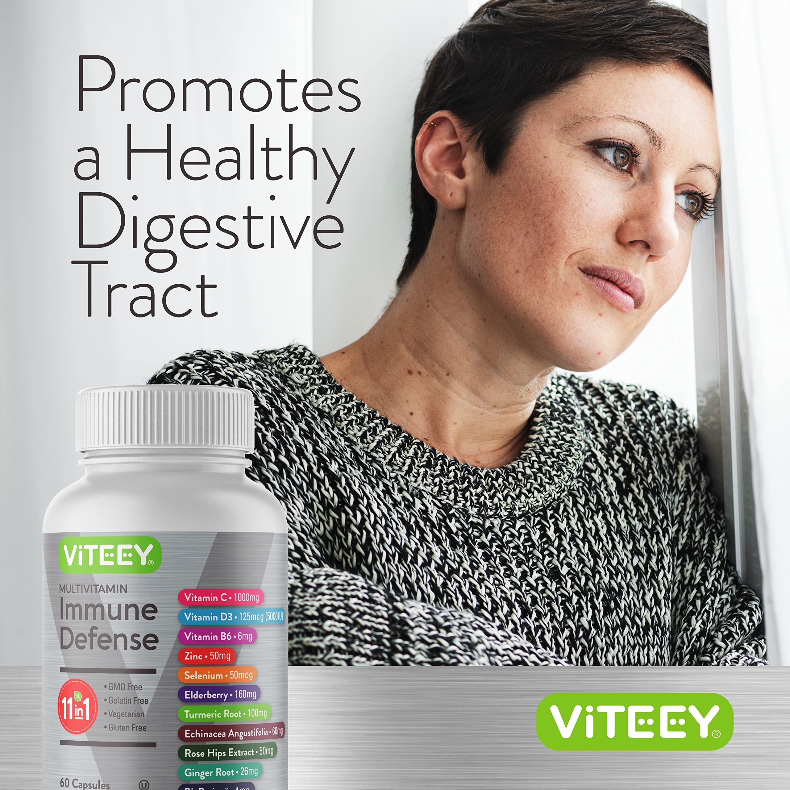Viteey Multivitamin Capsules lifestyle scene with a glass of water