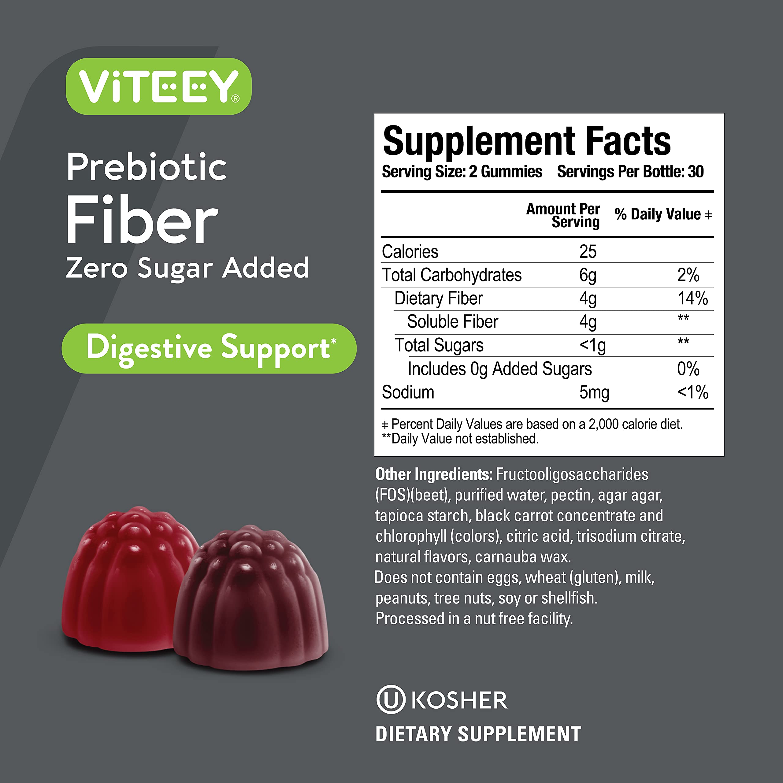 Viteey Prebiotic Fiber Gummies serving size on a table