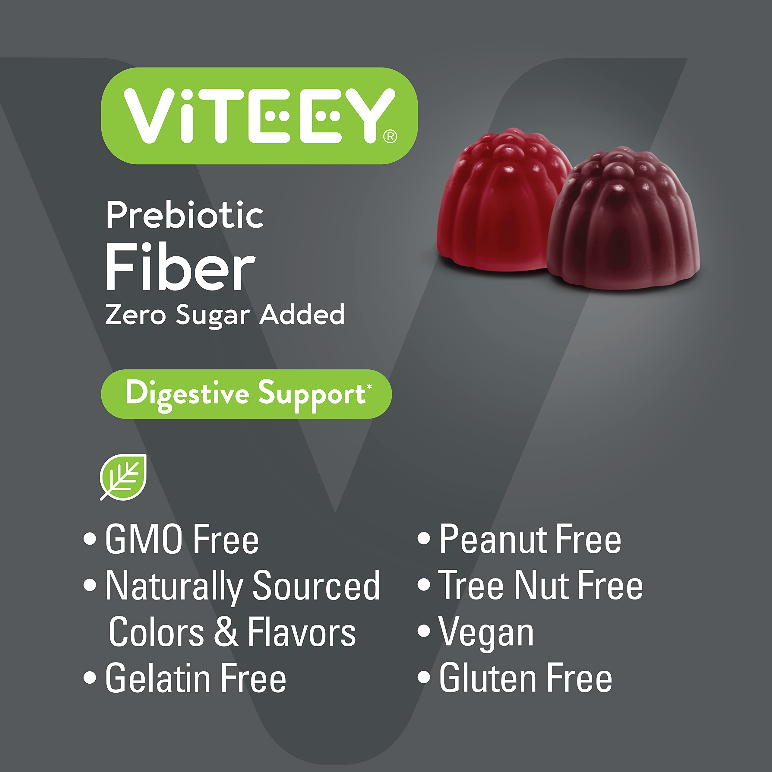 Viteey Prebiotic Fiber Gummies with a fruit background