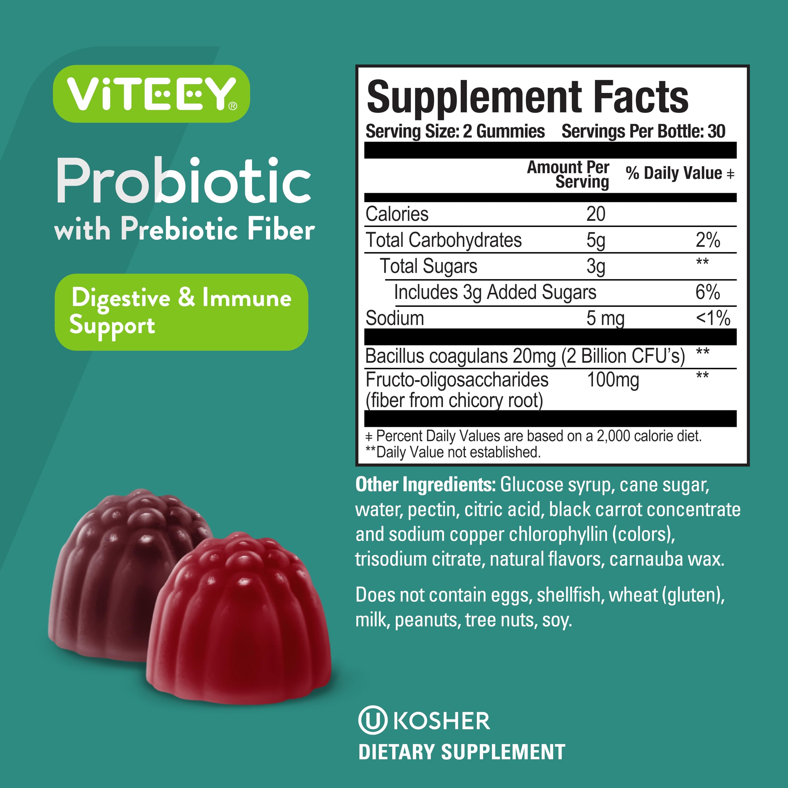 Viteey Prebiotic Gummies with a hand holding two gummies