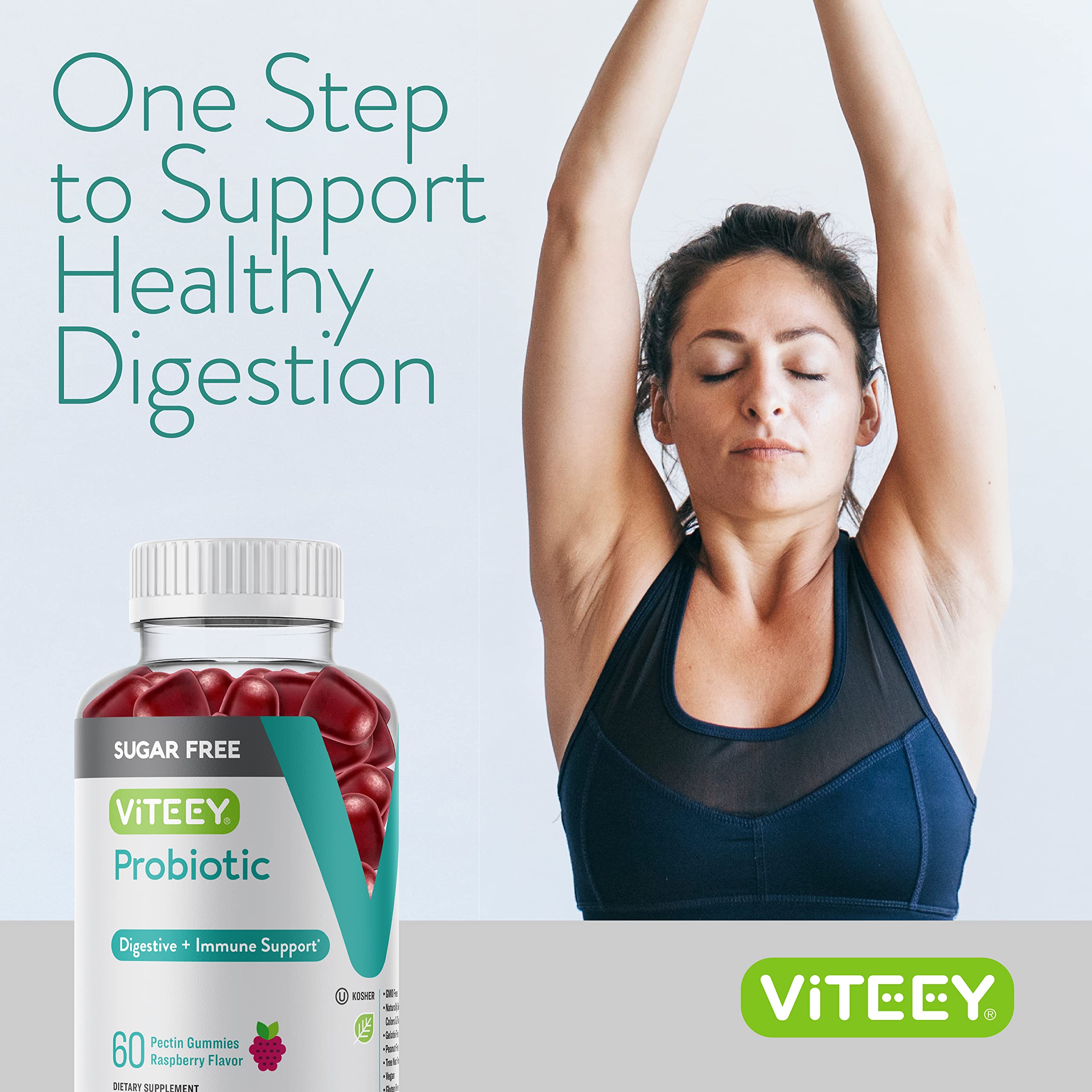 Viteey Probiotic Gummies displayed with fresh raspberries