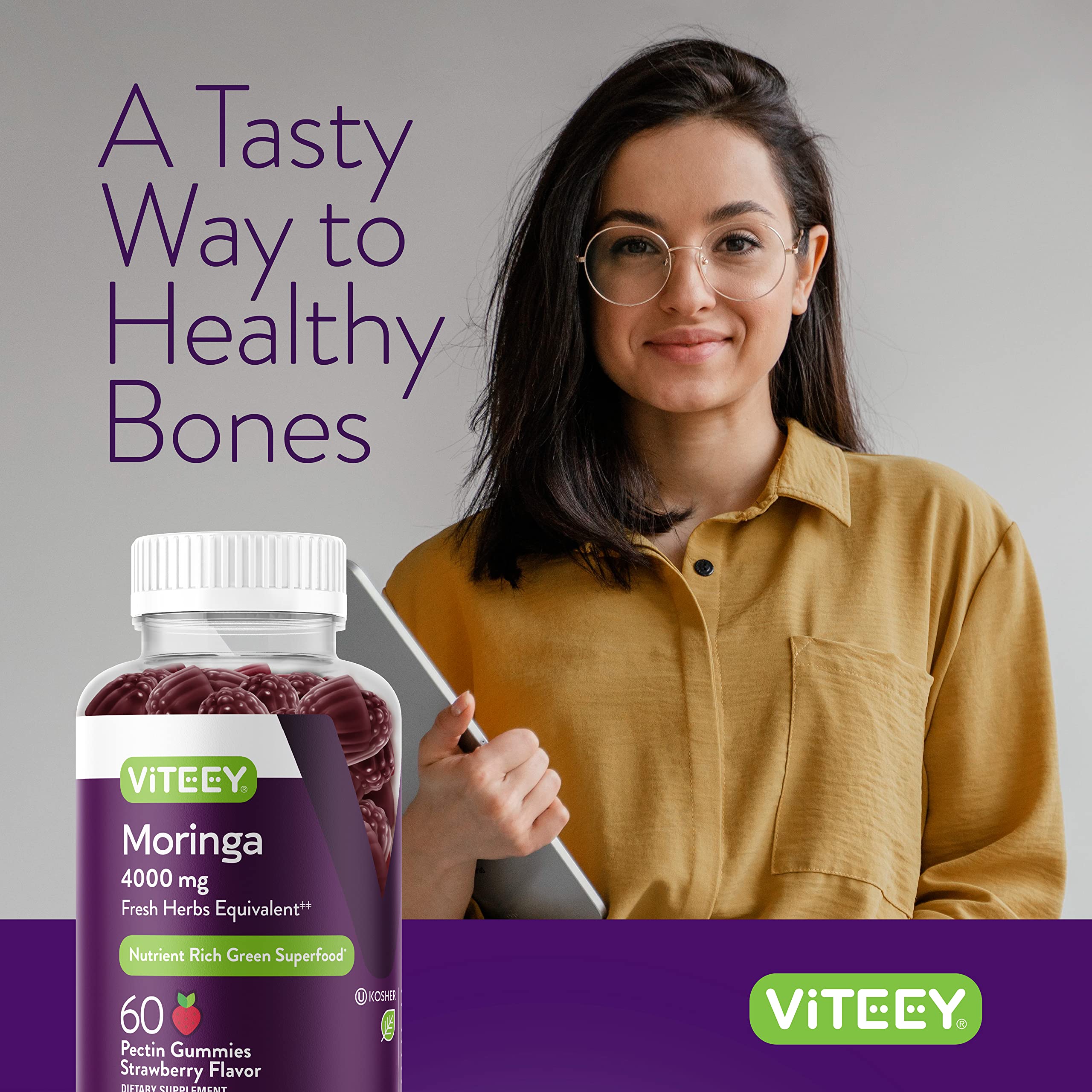Viteey Super Green Gummies on a wooden table lifestyle shot