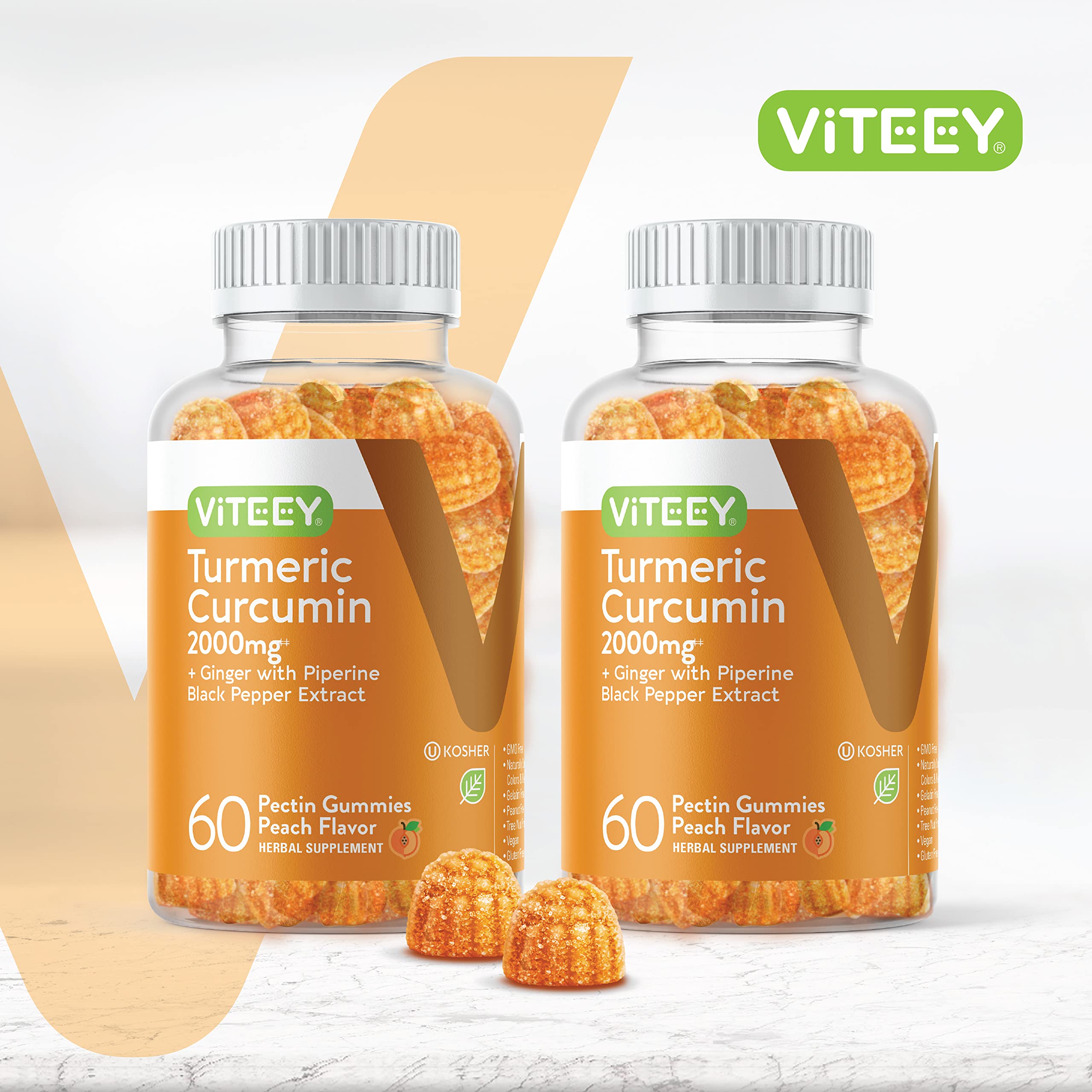 Viteey Turmeric Curcumin Gummies showing peach flavour