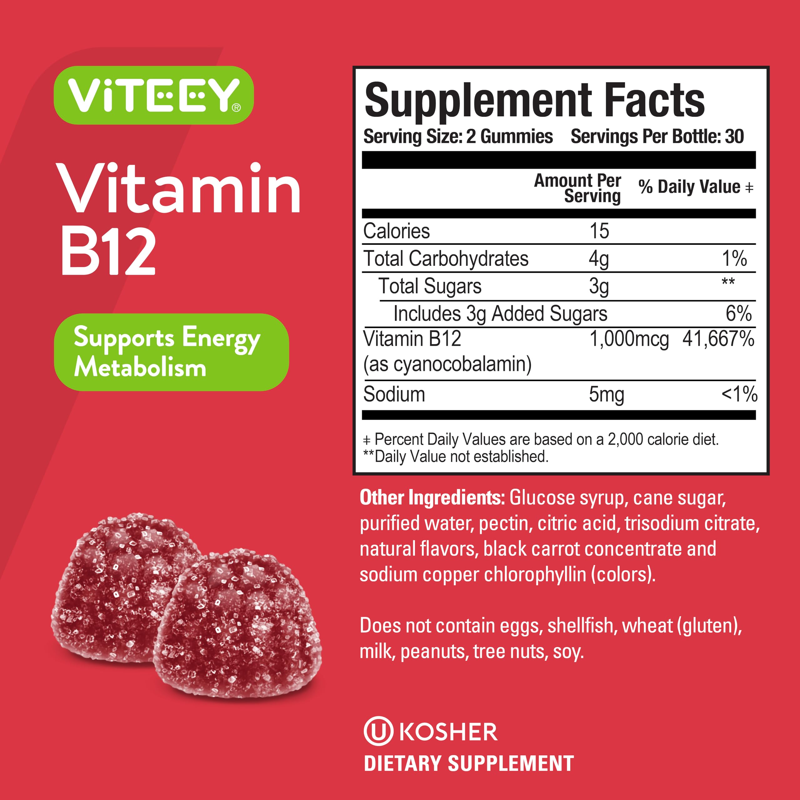 Viteey Vitamin B12 Gummies packaging back view with ingredient list