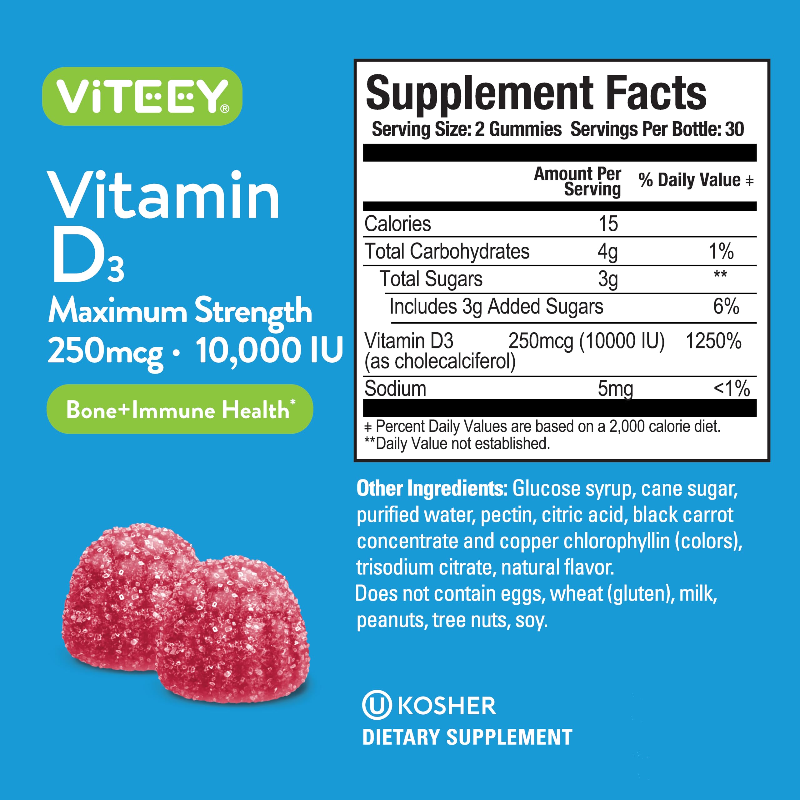 Viteey Vitamin D3 Gummies 250mcg gummies on a table