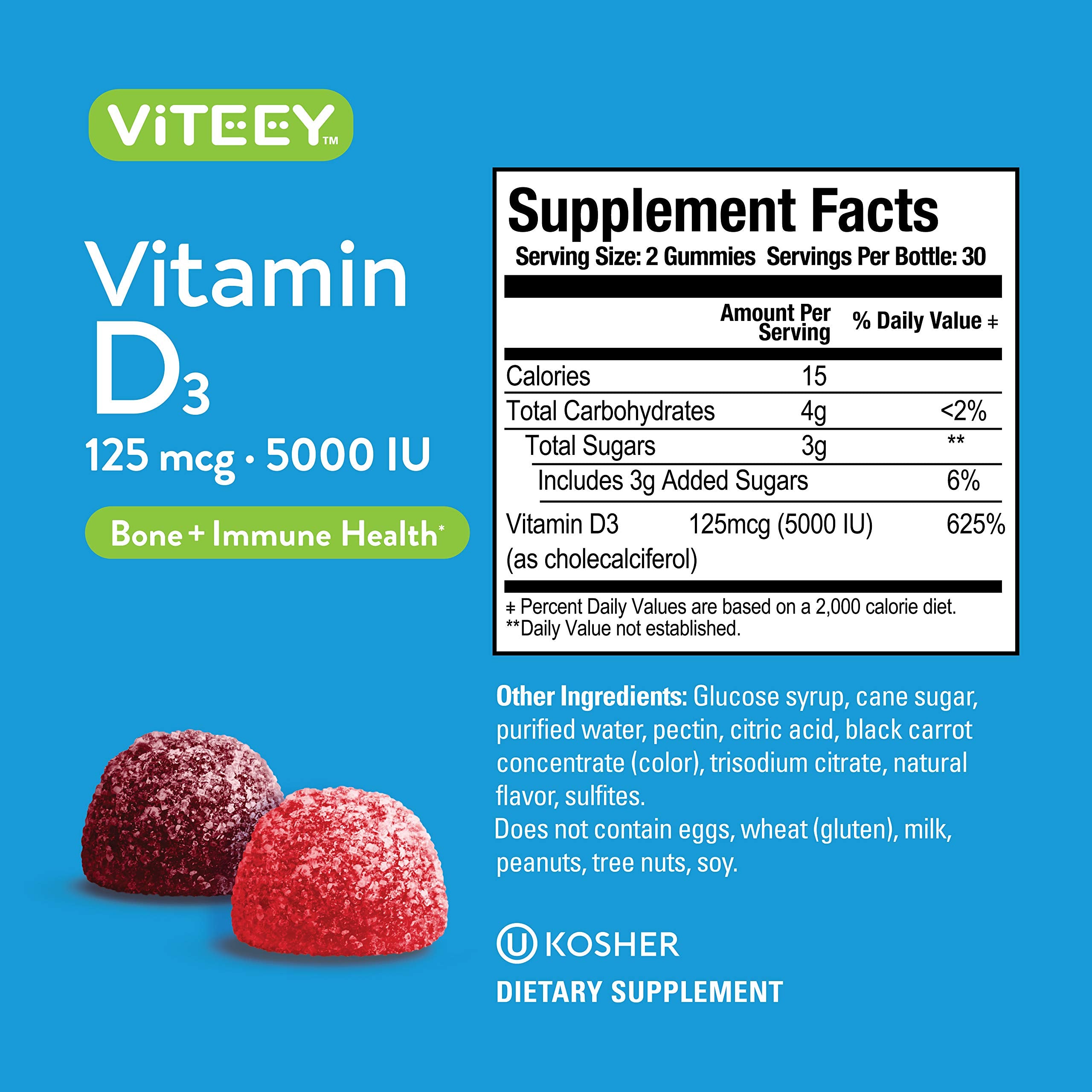 Viteey Vitamin D3 Gummies bottle with gummies on a table