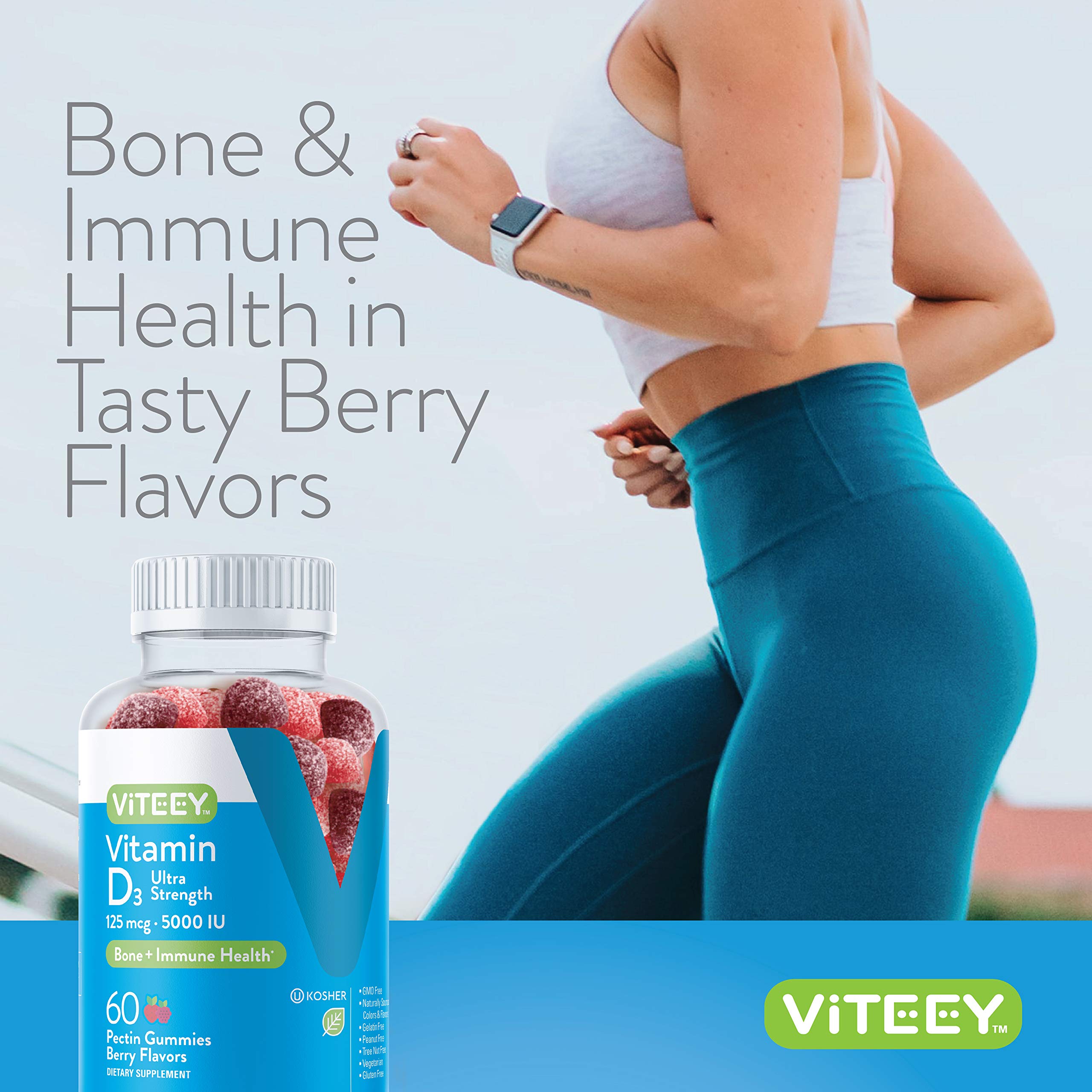 Viteey Vitamin D3 Gummies with a hand holding a gummy