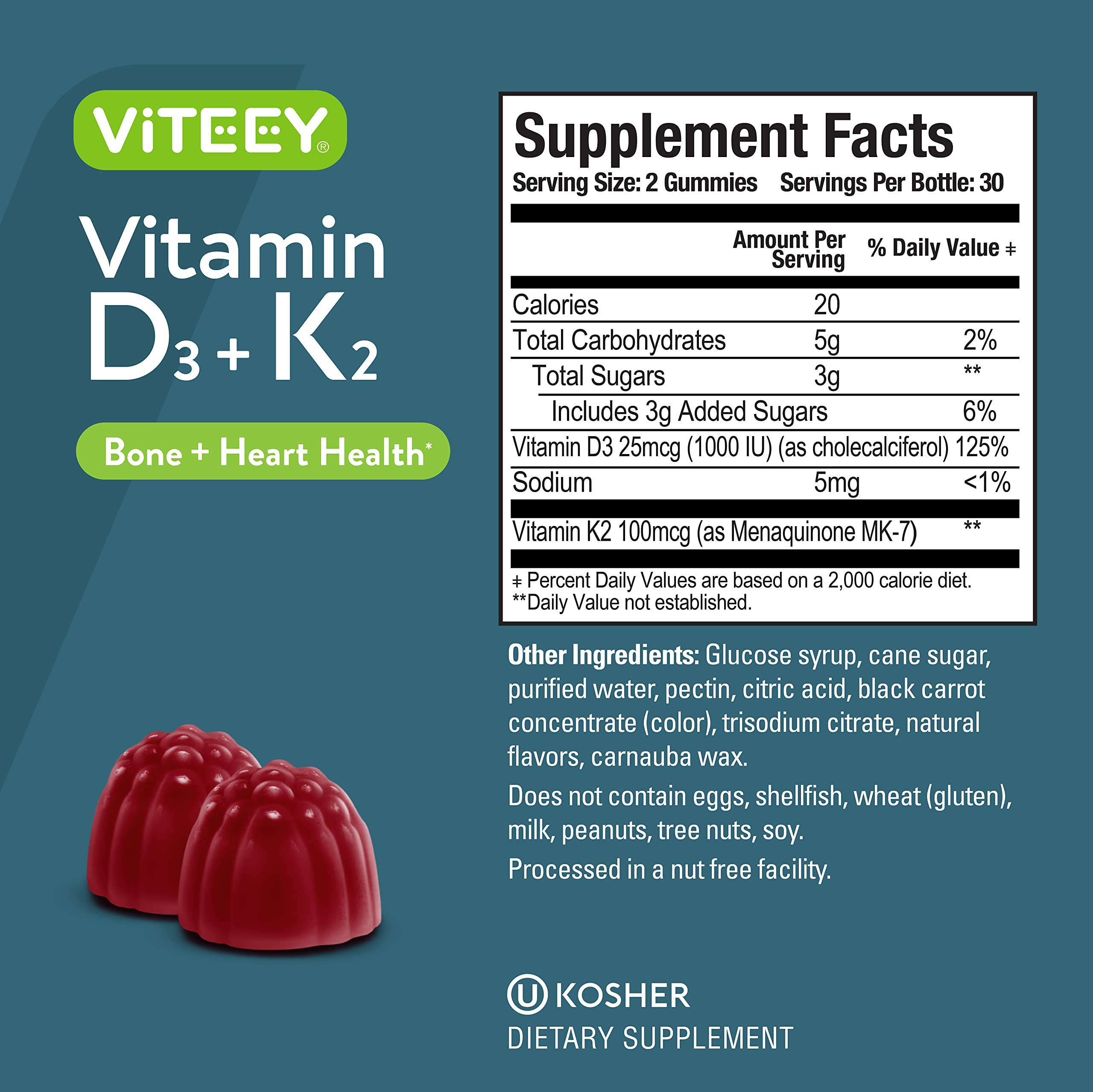 Viteey Vitamin D3 & K2 Gummies on a wooden table