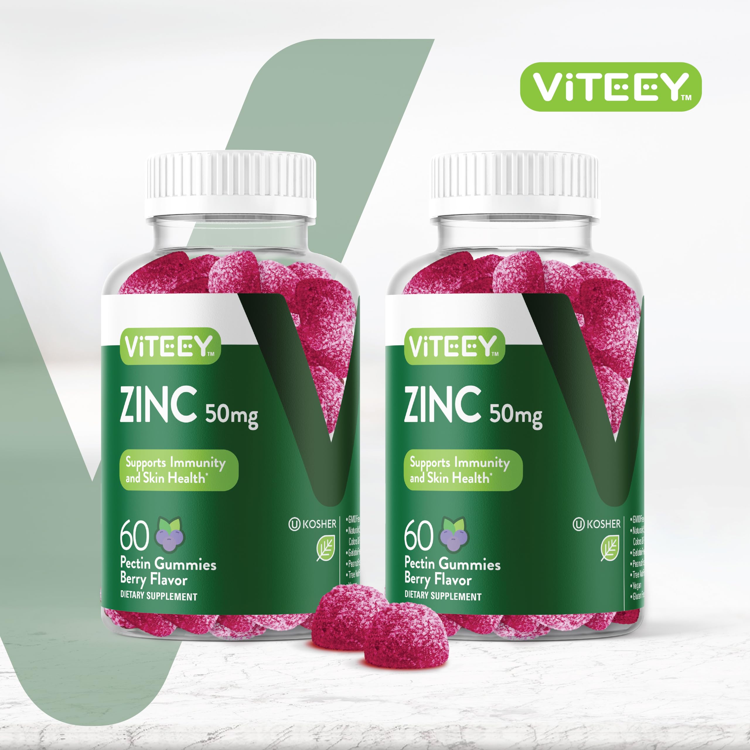 Viteey Zinc Gummies bottle side view showing nutrition facts