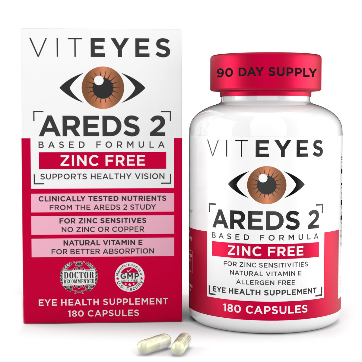 Viteyes AREDS 2 Zinc Free Eye Health Supplement 180 Capsules front view