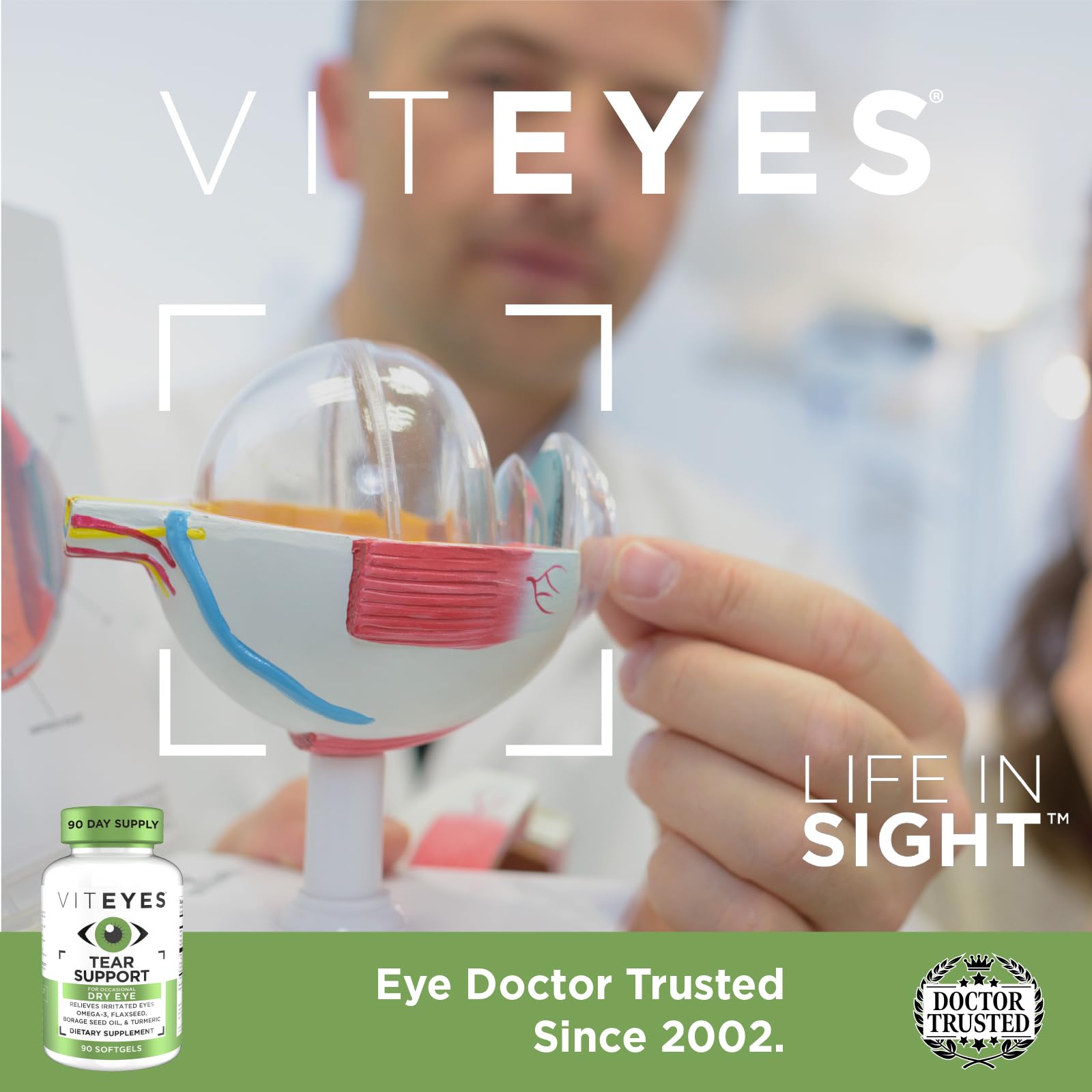 Viteyes Tear Support Omega 3-6-9 Softgels on a wooden table