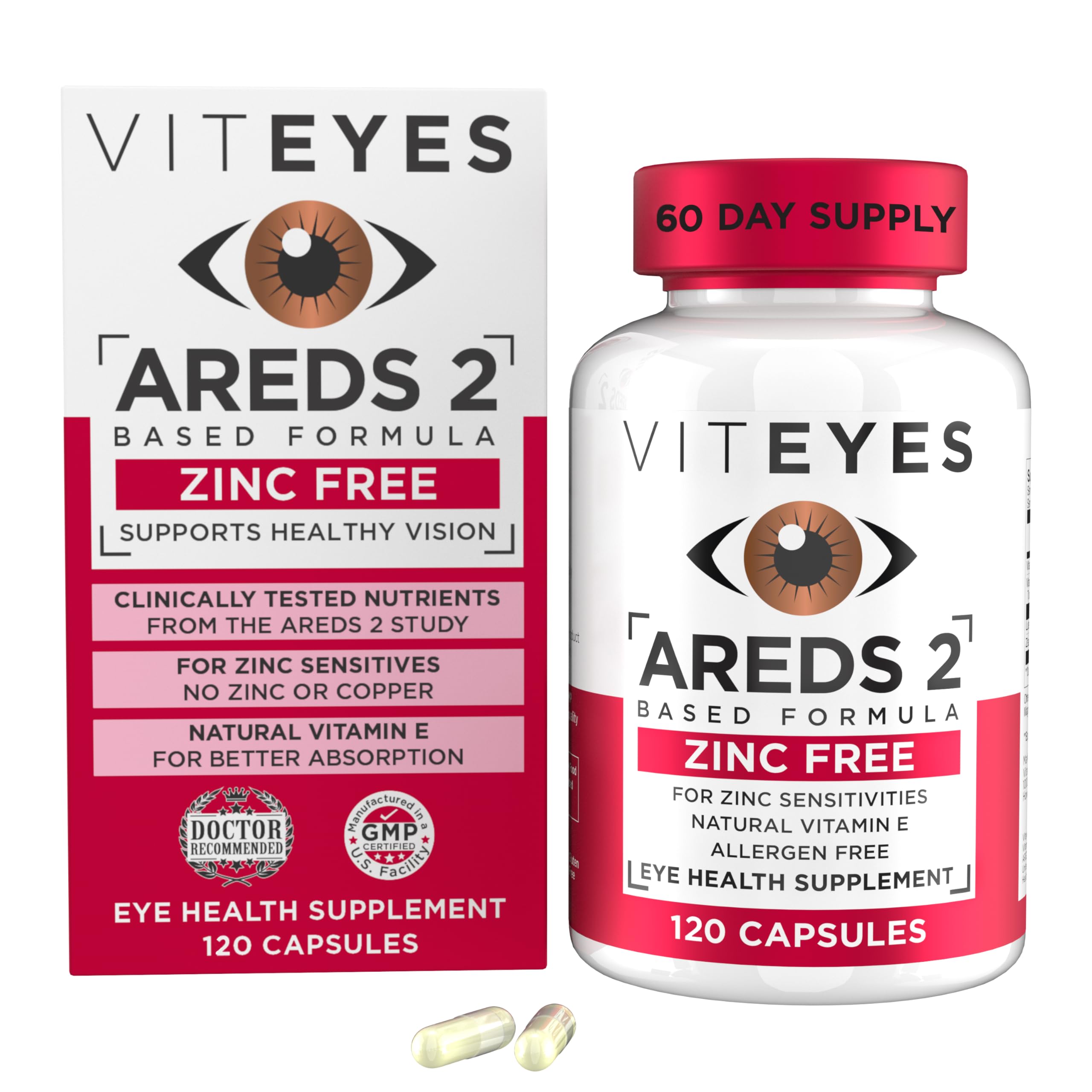 Viteyes Zinc Free AREDS 2 Eye Health Supplements 60 capsules front view