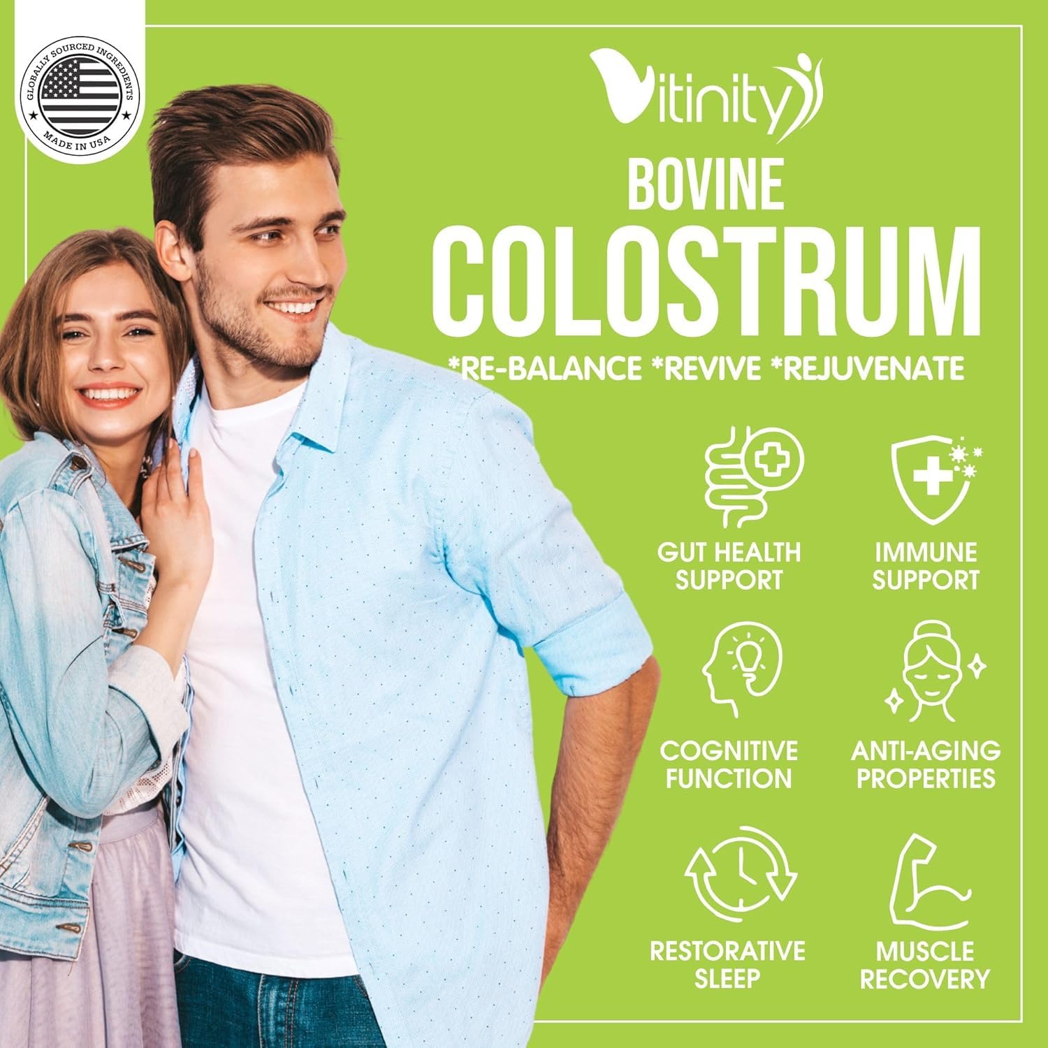 VITINITY Bovine Colostrum Powder on a marble countertop