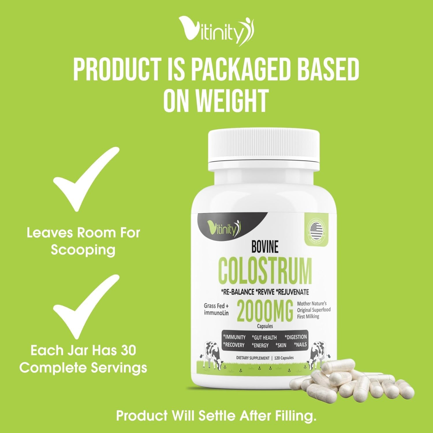 VITINITY Colostrum Powder 132g displayed on a wooden table