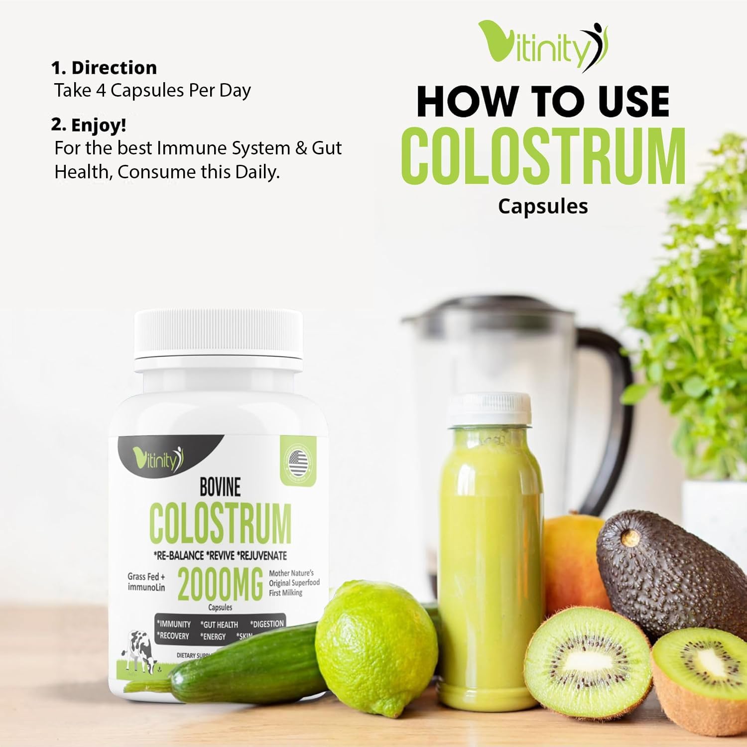 VITINITY Colostrum Powder 132g in a bowl with a spoon