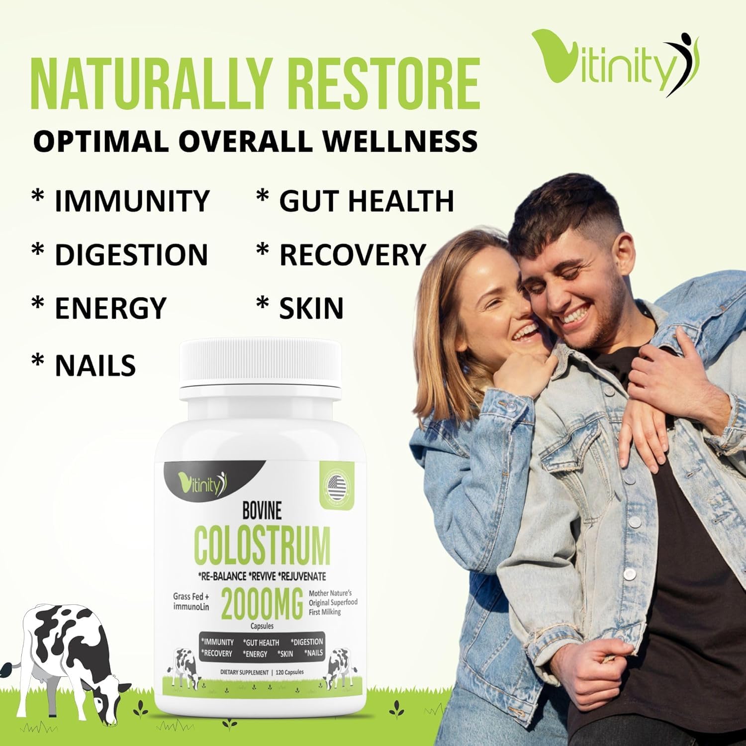 VITINITY Colostrum Powder 132g nutritional information on packaging