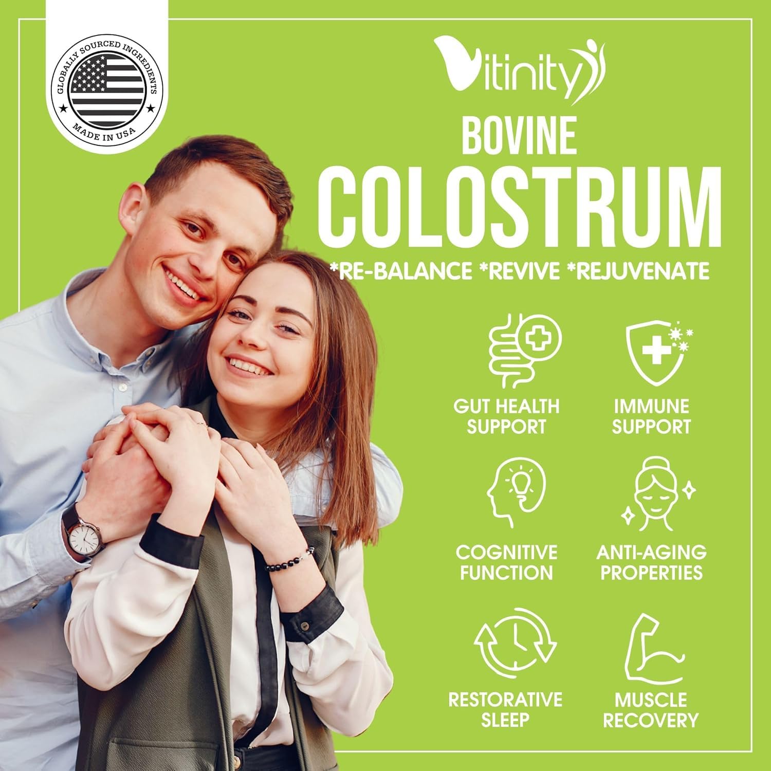 VITINITY Colostrum Powder 132g side view with scoop