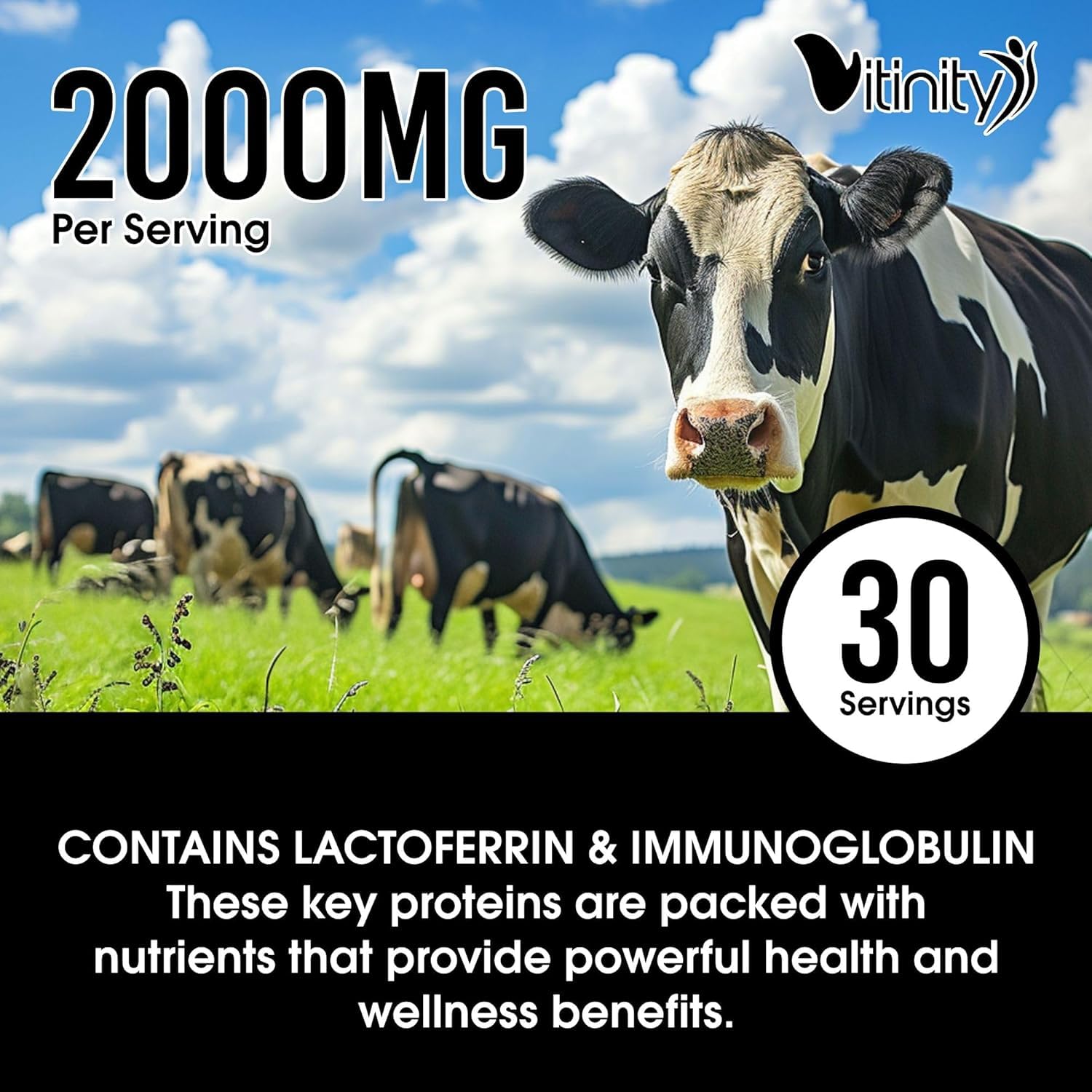 VITINITY Colostrum Powder 132g with grass-fed cows in background