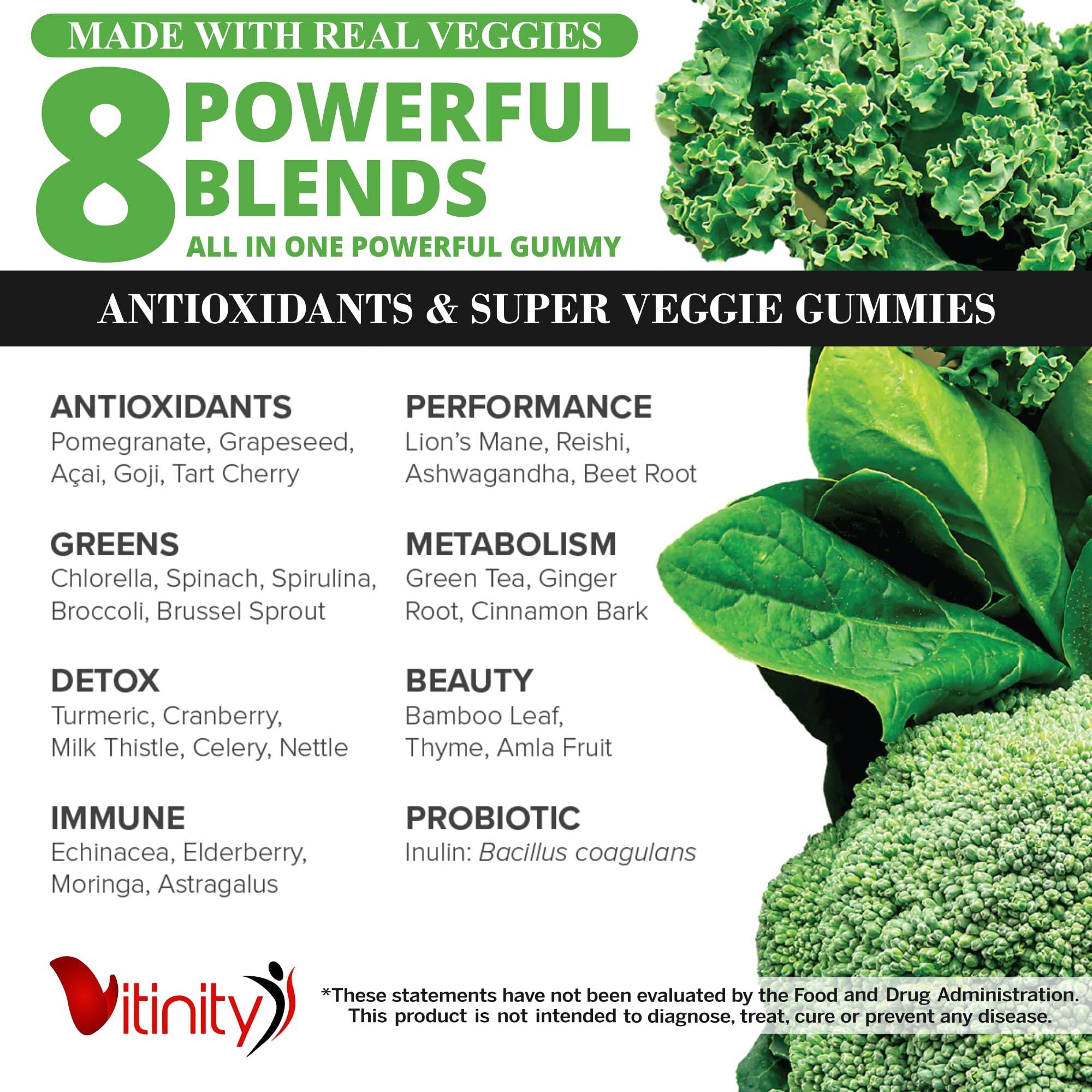 VITINITY gummies displayed with fresh fruits and vegetables