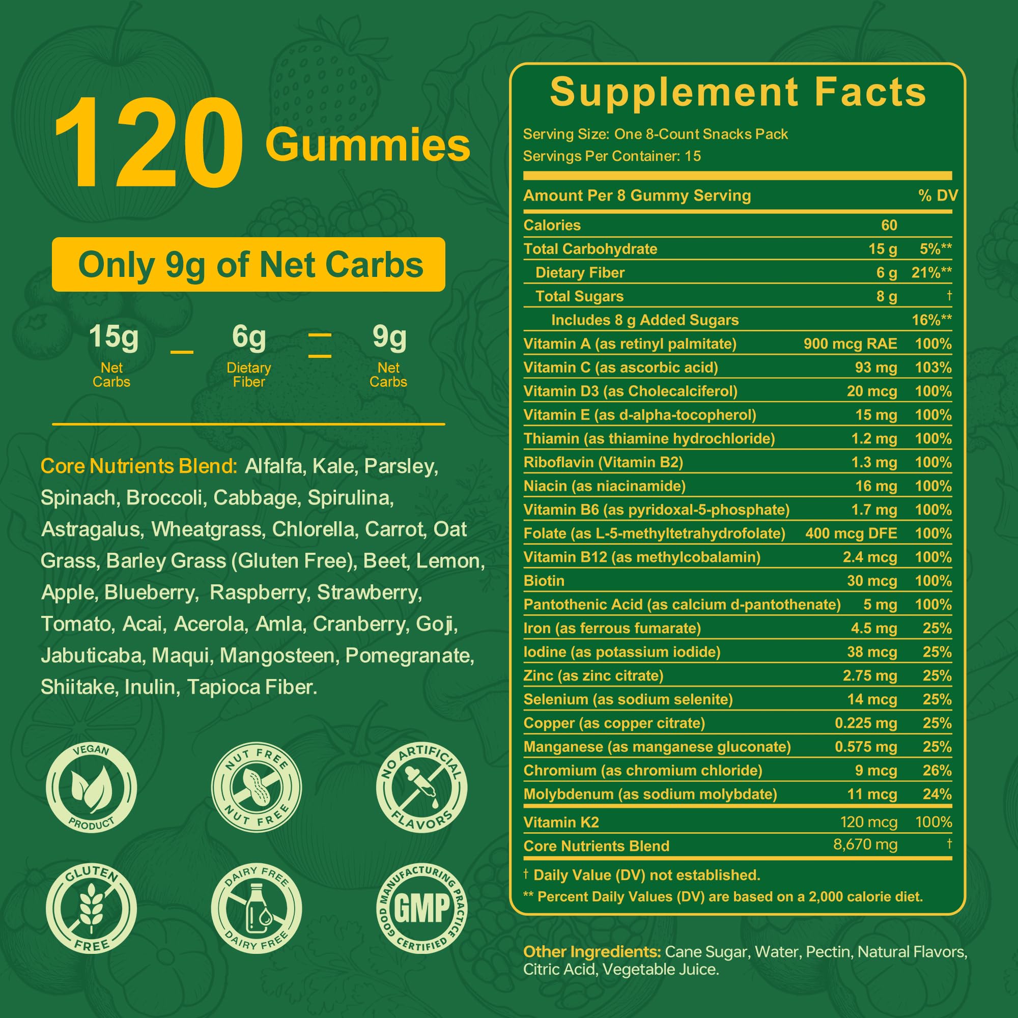 Vitrcestrs Spirulina Gummies displayed with fruits and vegetables