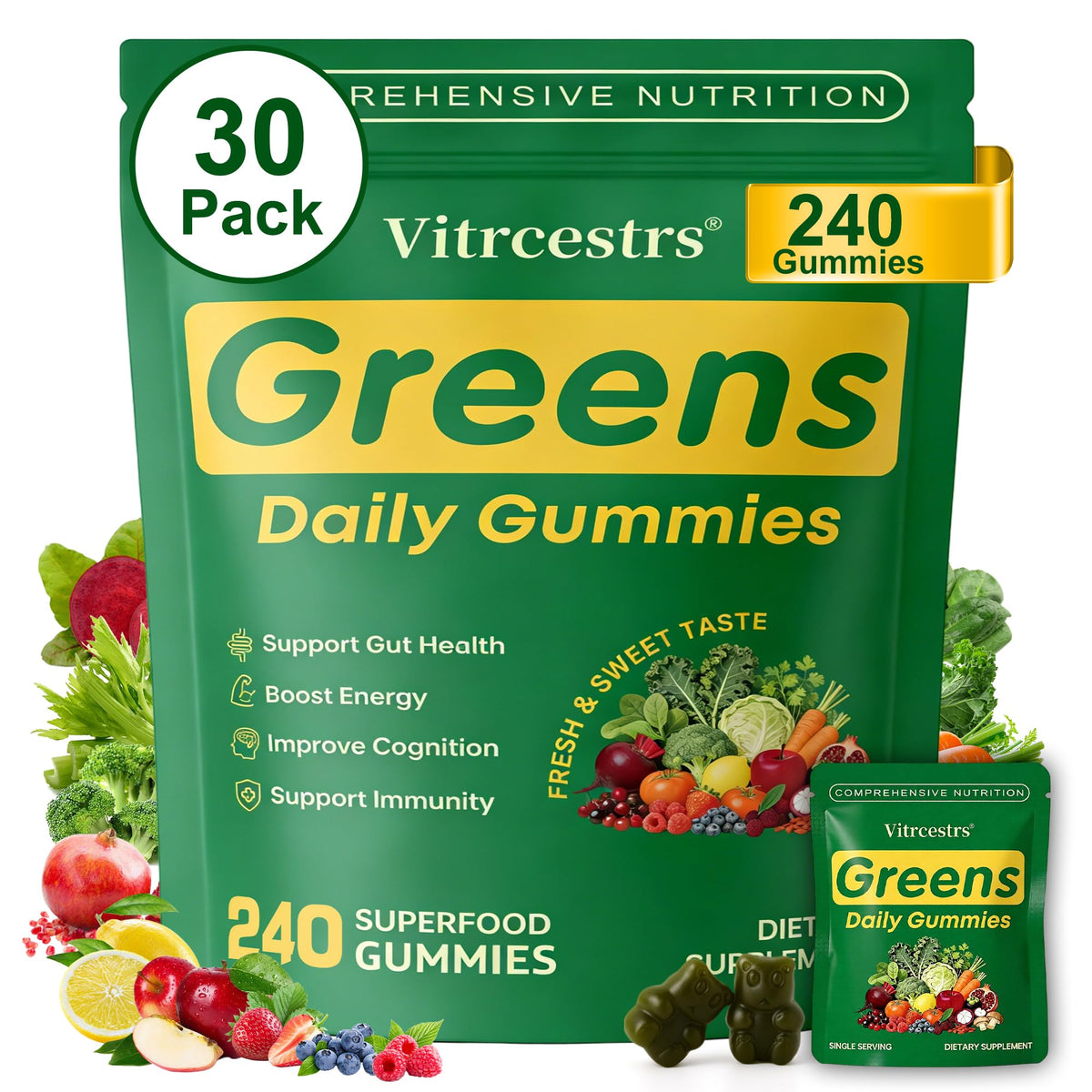 Vitrcestrs Superfood Greens Gummies front view with packaging