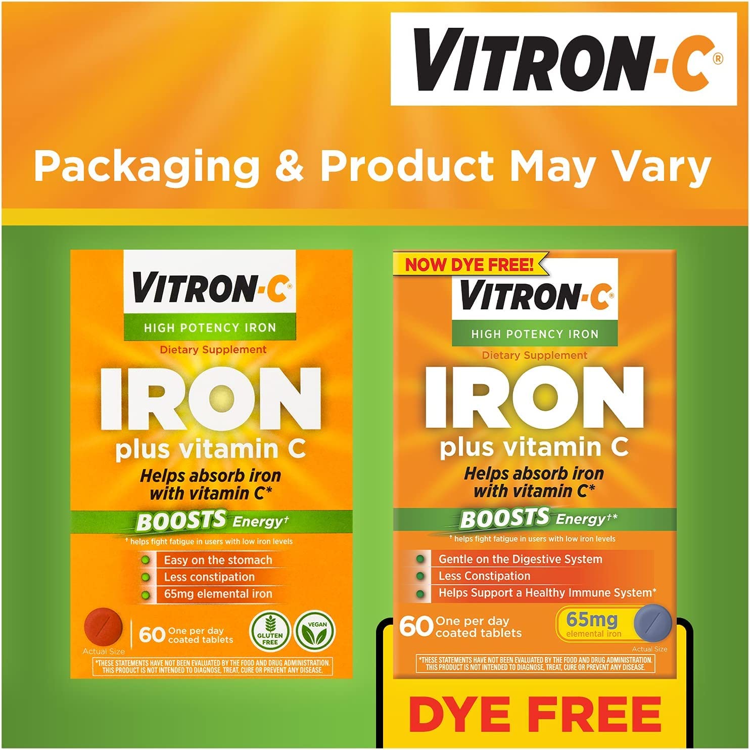 Vitron-C High Potency Iron Supplement Plus Vitamin C side view of tablets