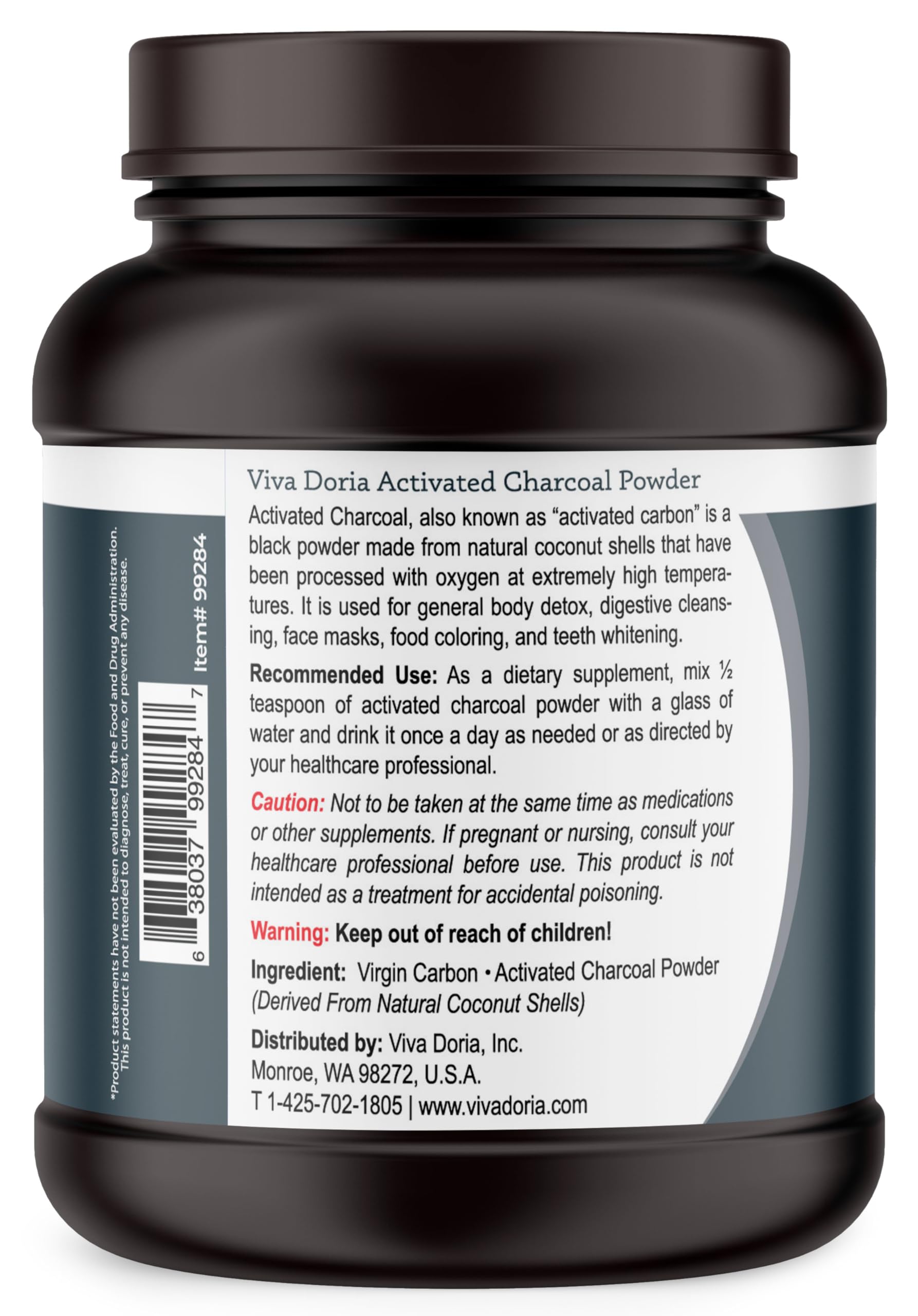 Viva Doria Activated Charcoal Powder 567g jar with screw-top