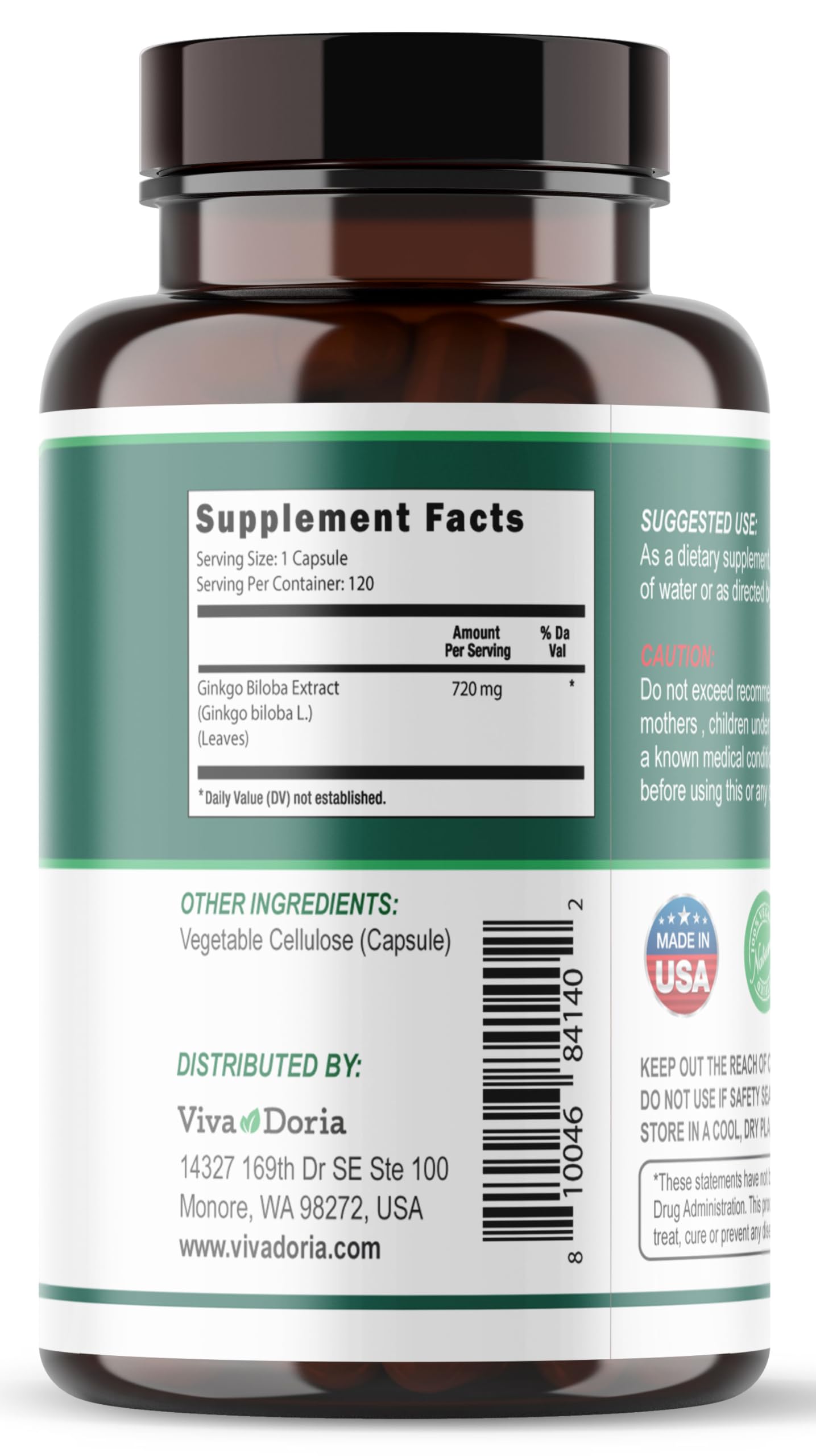 Viva Doria Ginkgo Biloba Extract bottle side view showing label