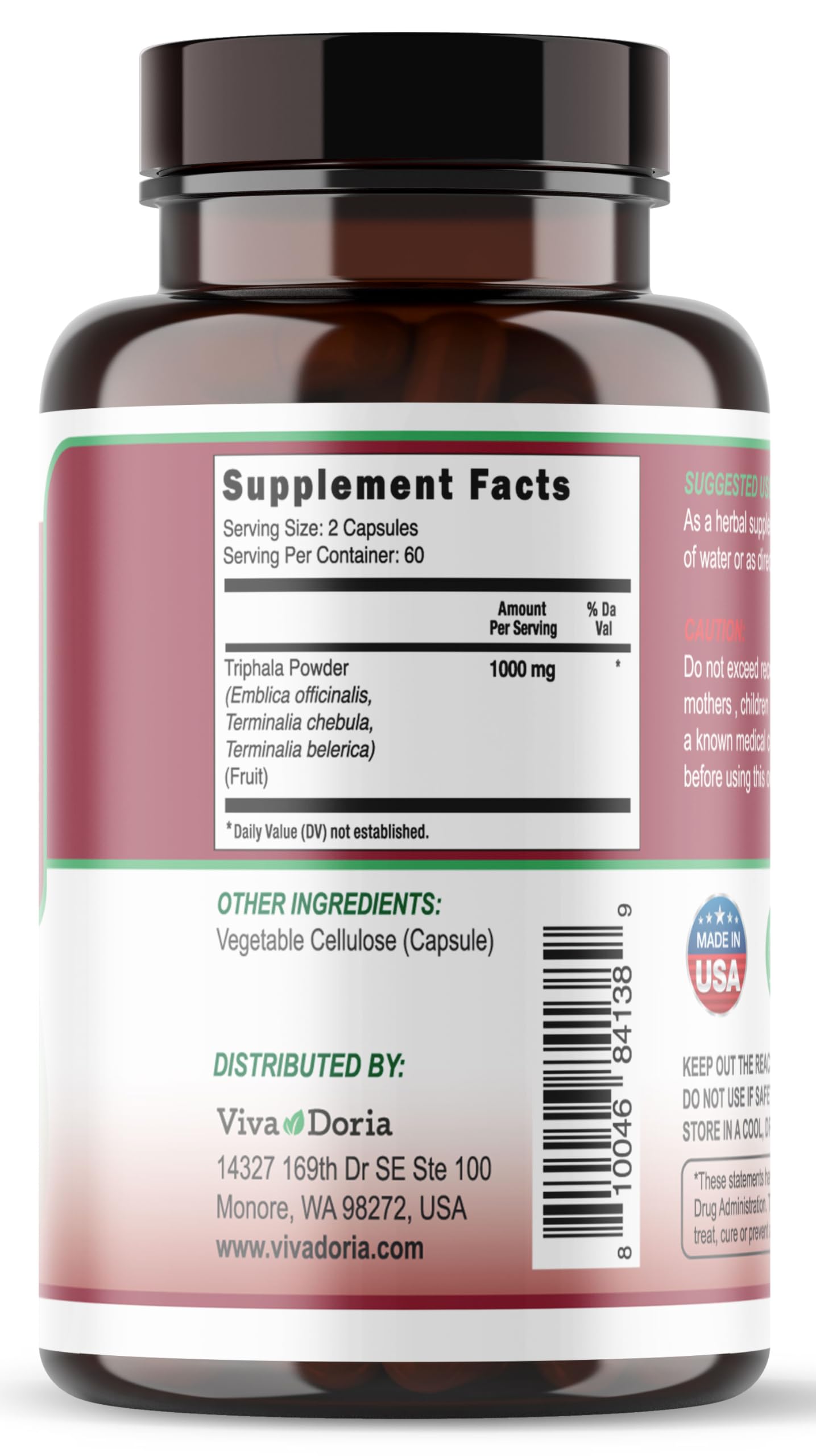 Viva Doria Triphala Supplement 113g back view with ingredient list
