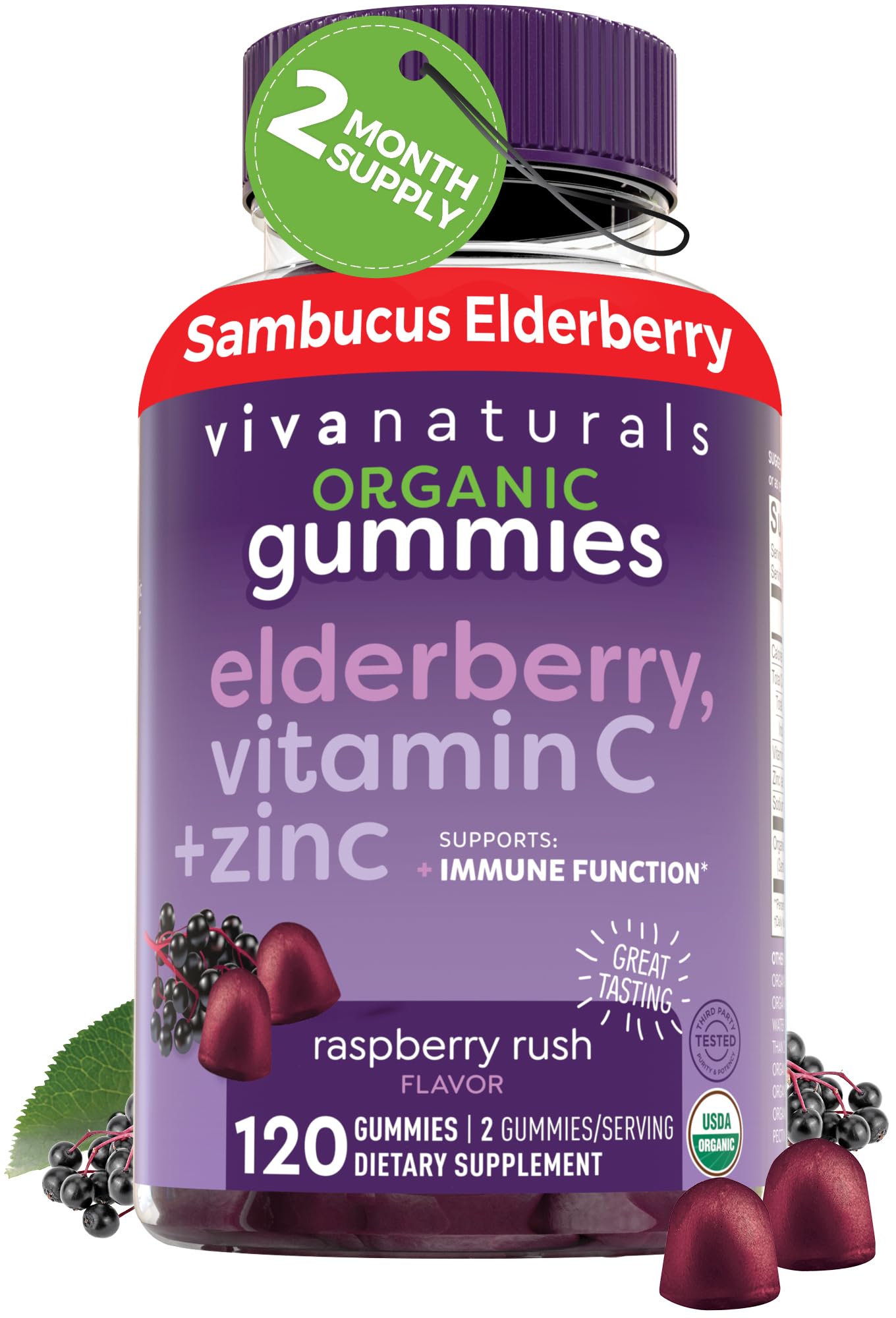 Viva Naturals Elderberry Gummies 120 count bottle front view
