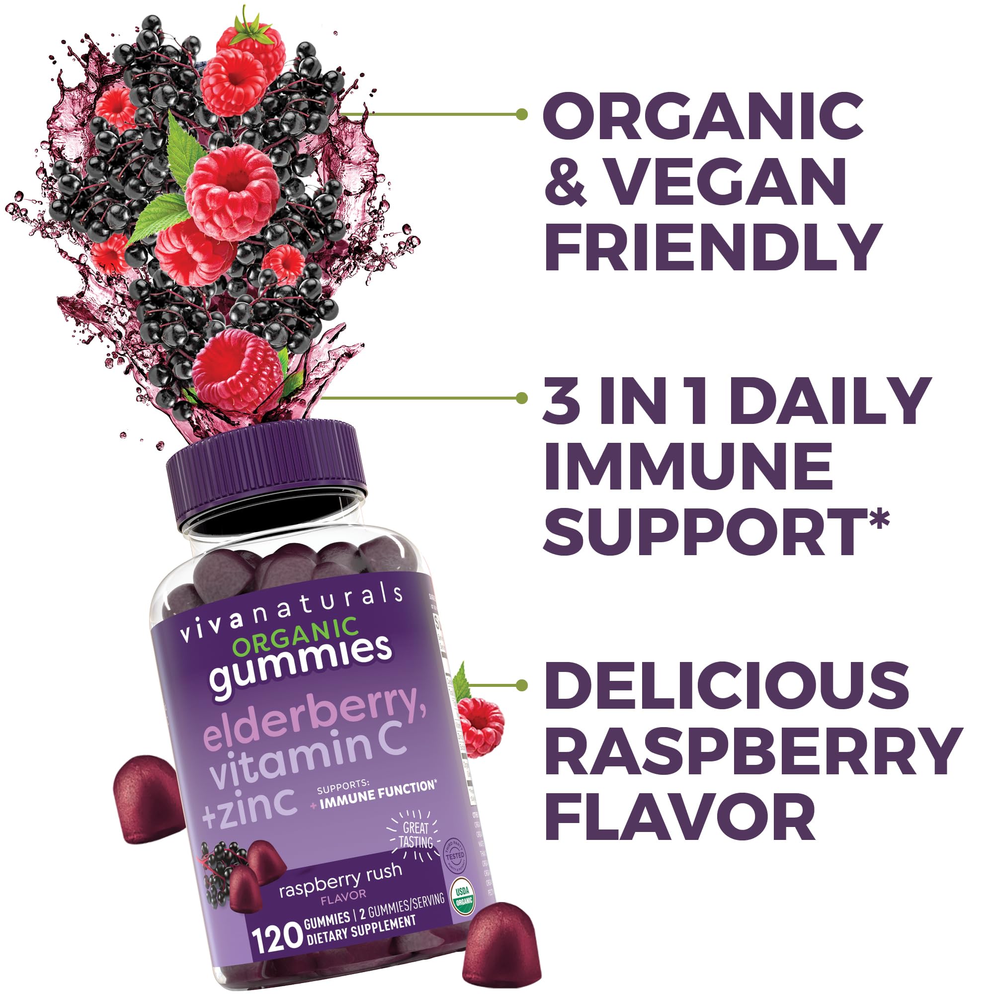 Viva Naturals Elderberry Gummies bottle with a background of fresh elderberries