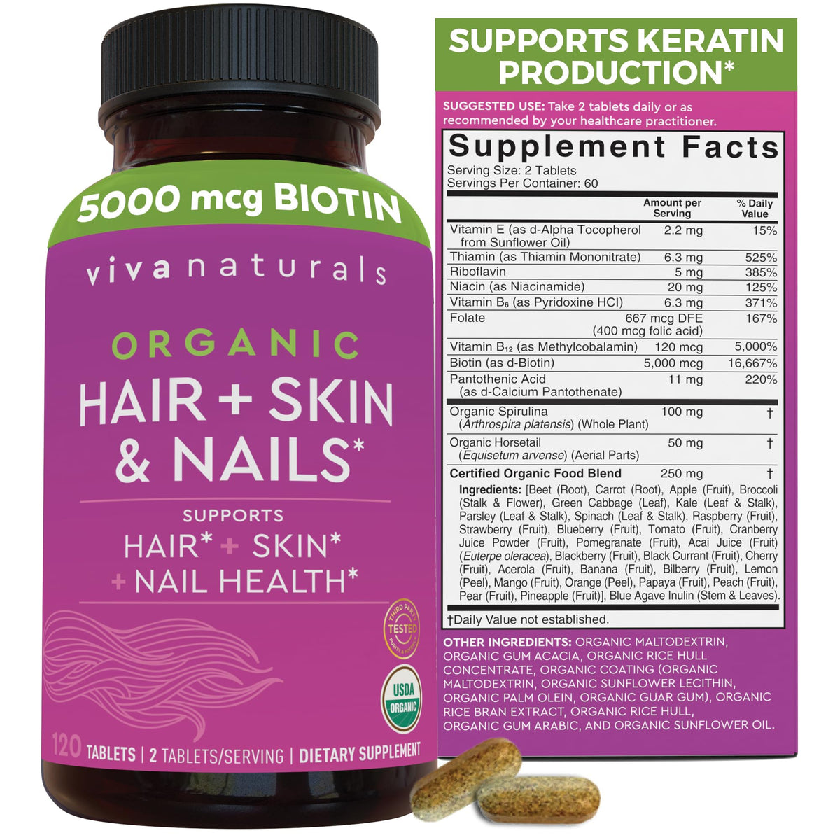 Viva Naturals Hair Skin and Nails Vitamins 5000 mcg Biotin front view