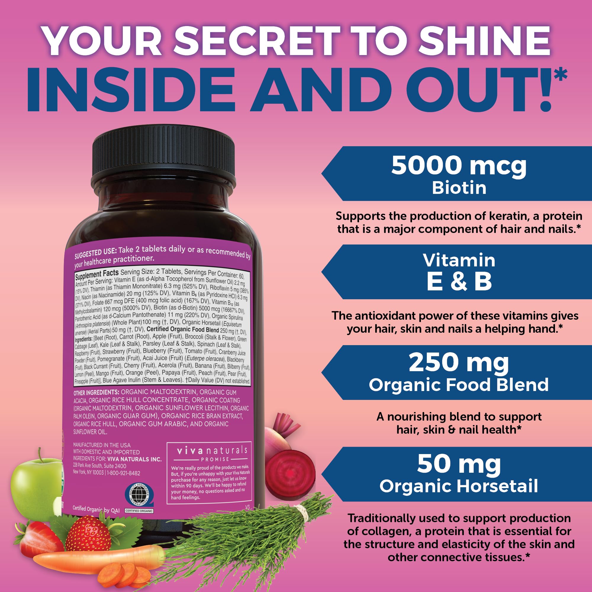 Viva Naturals Hair Skin and Nails Vitamins 5000 mcg Biotin tablets close-up