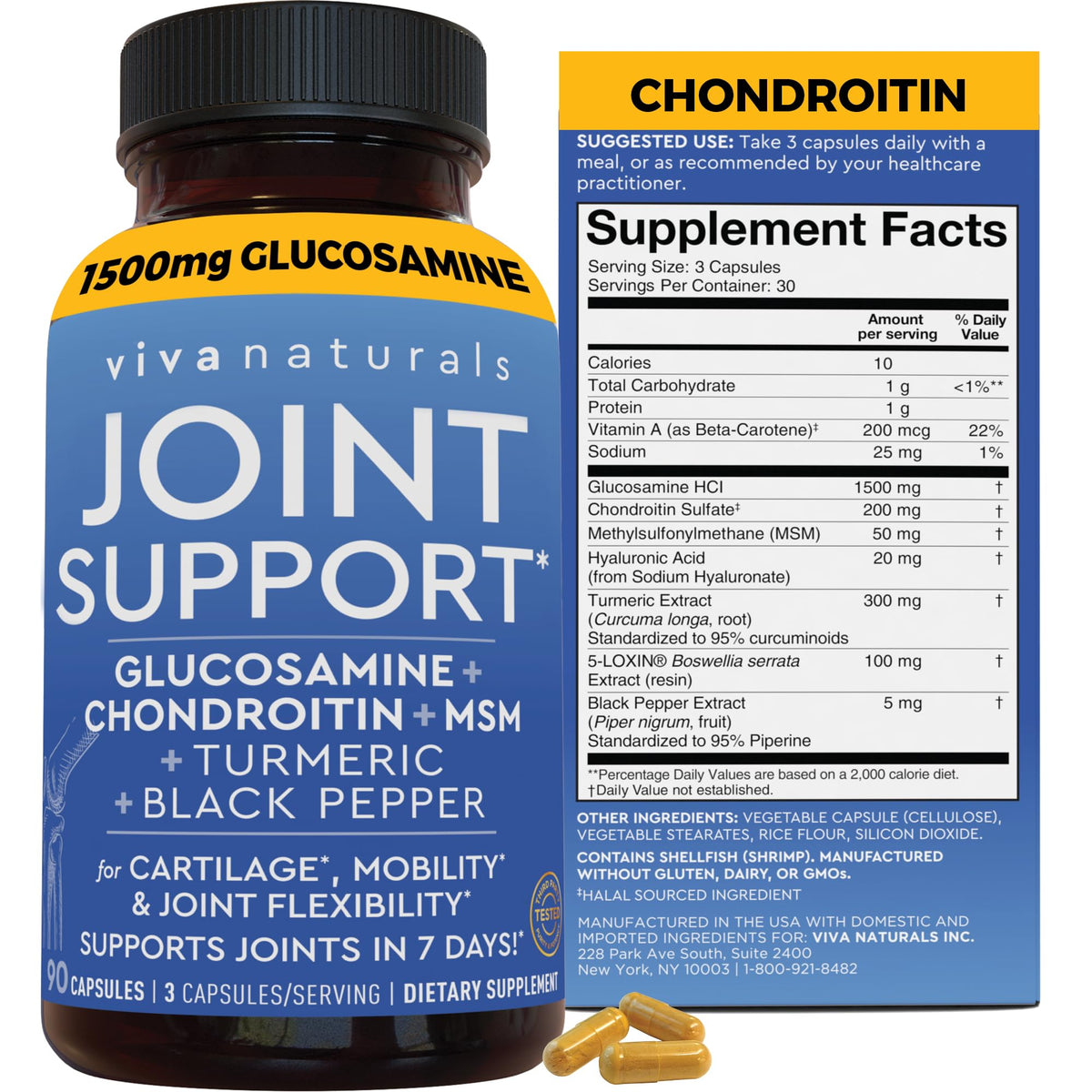 Viva Naturals Joint Support Glucosamine 1500mg capsules front view