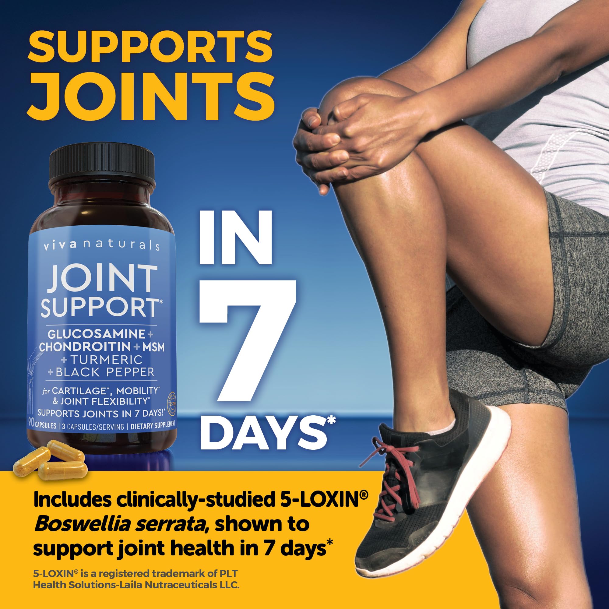 Viva Naturals Joint Support Glucosamine 1500mg capsules on a wooden table