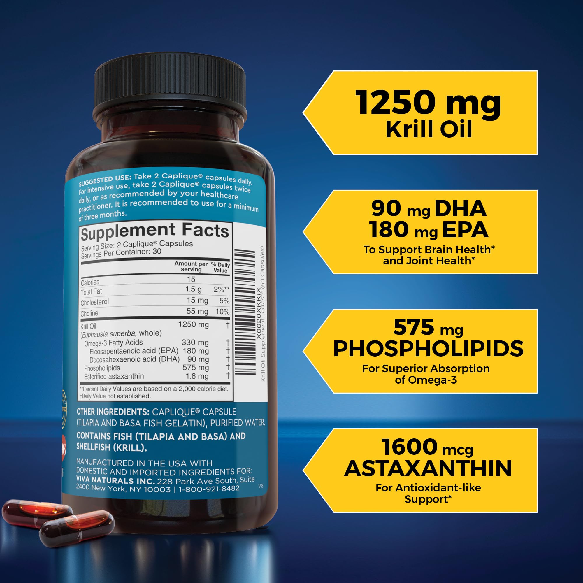 Viva Naturals Krill Oil 1250mg bottle on a kitchen counter
