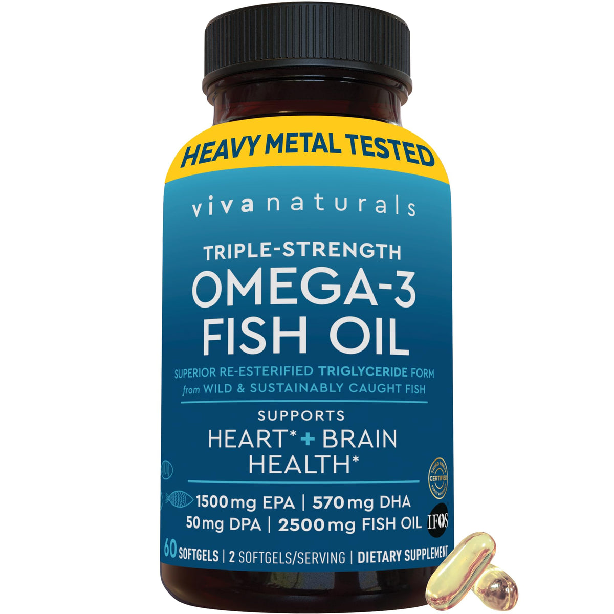 Viva Naturals Omega-3 Fish Oil 2500mg softgel bottle front view