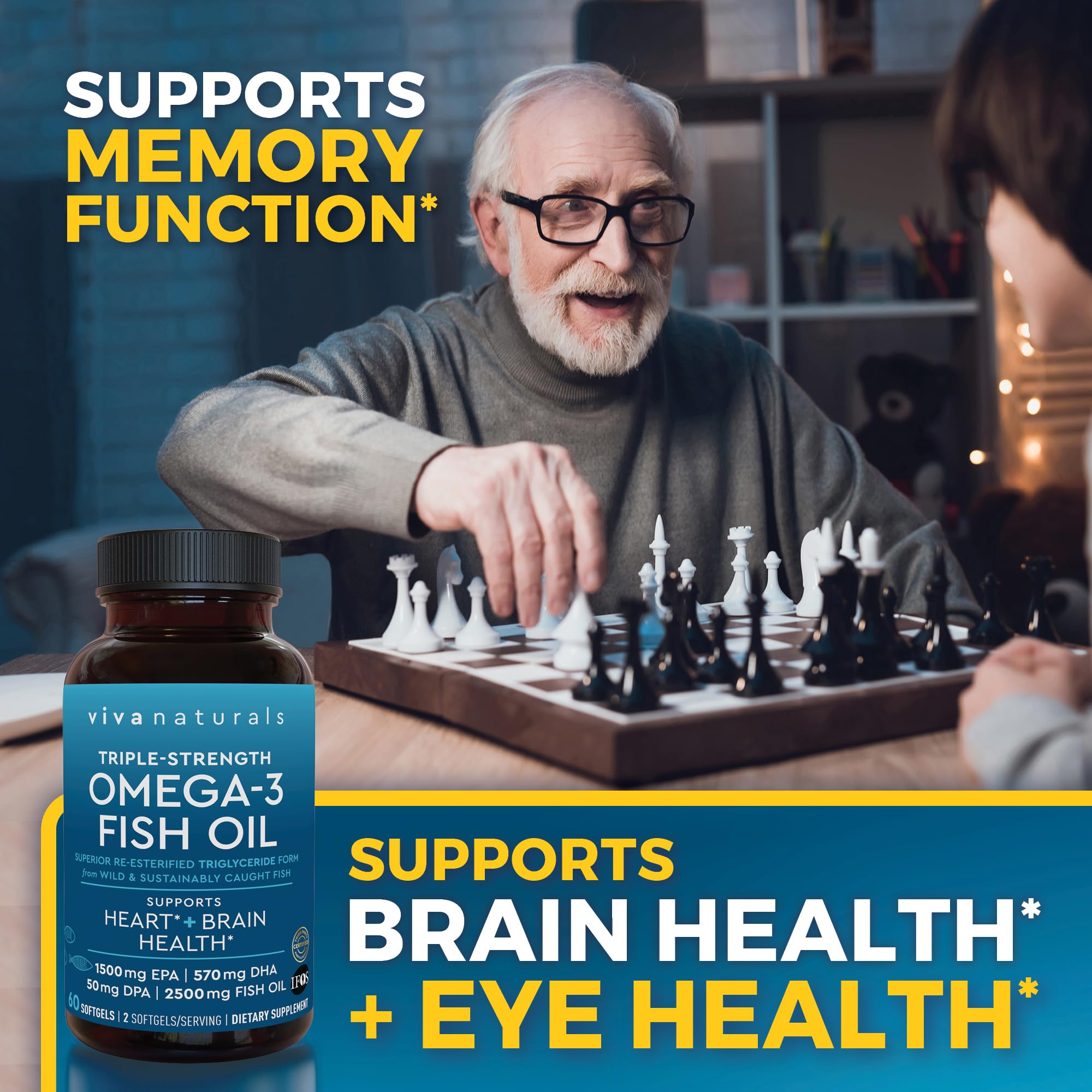 Viva Naturals Omega-3 Fish Oil softgel bottle with measuring spoon