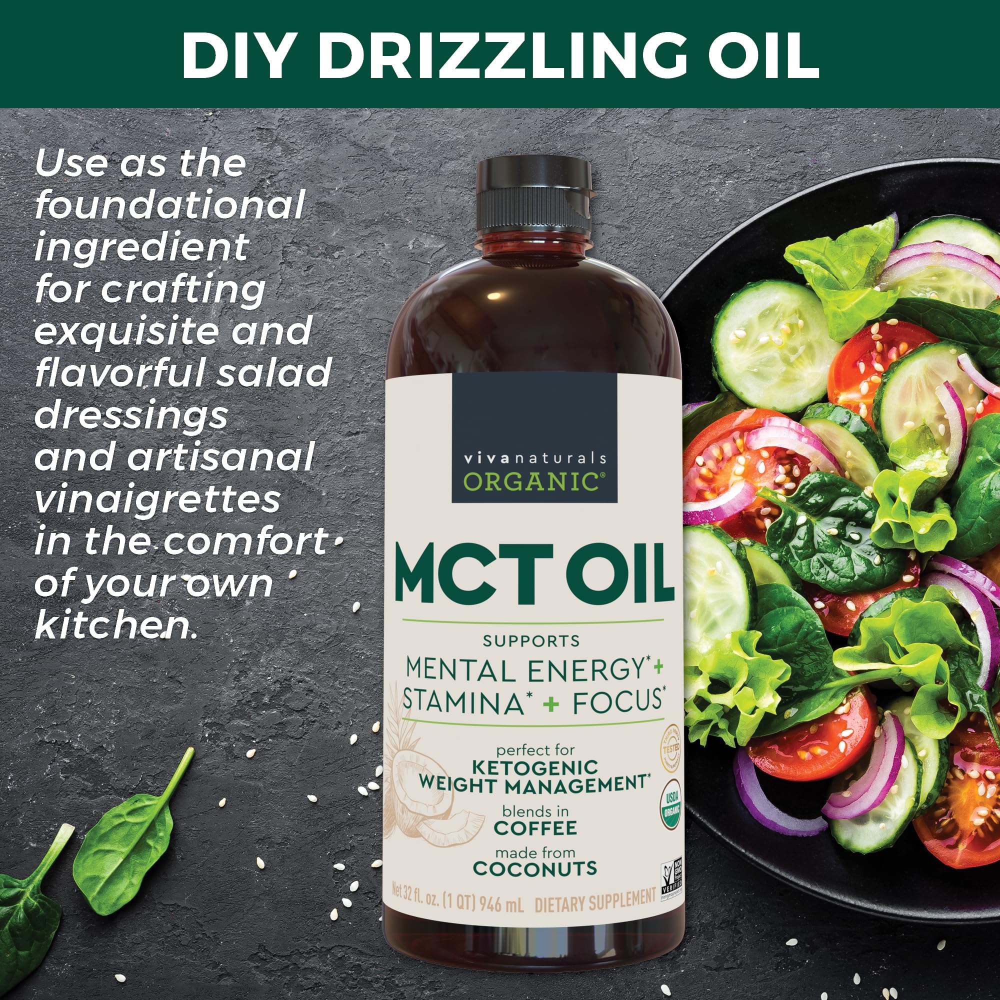 Viva Naturals Organic MCT Oil 959g packaging on a wooden table