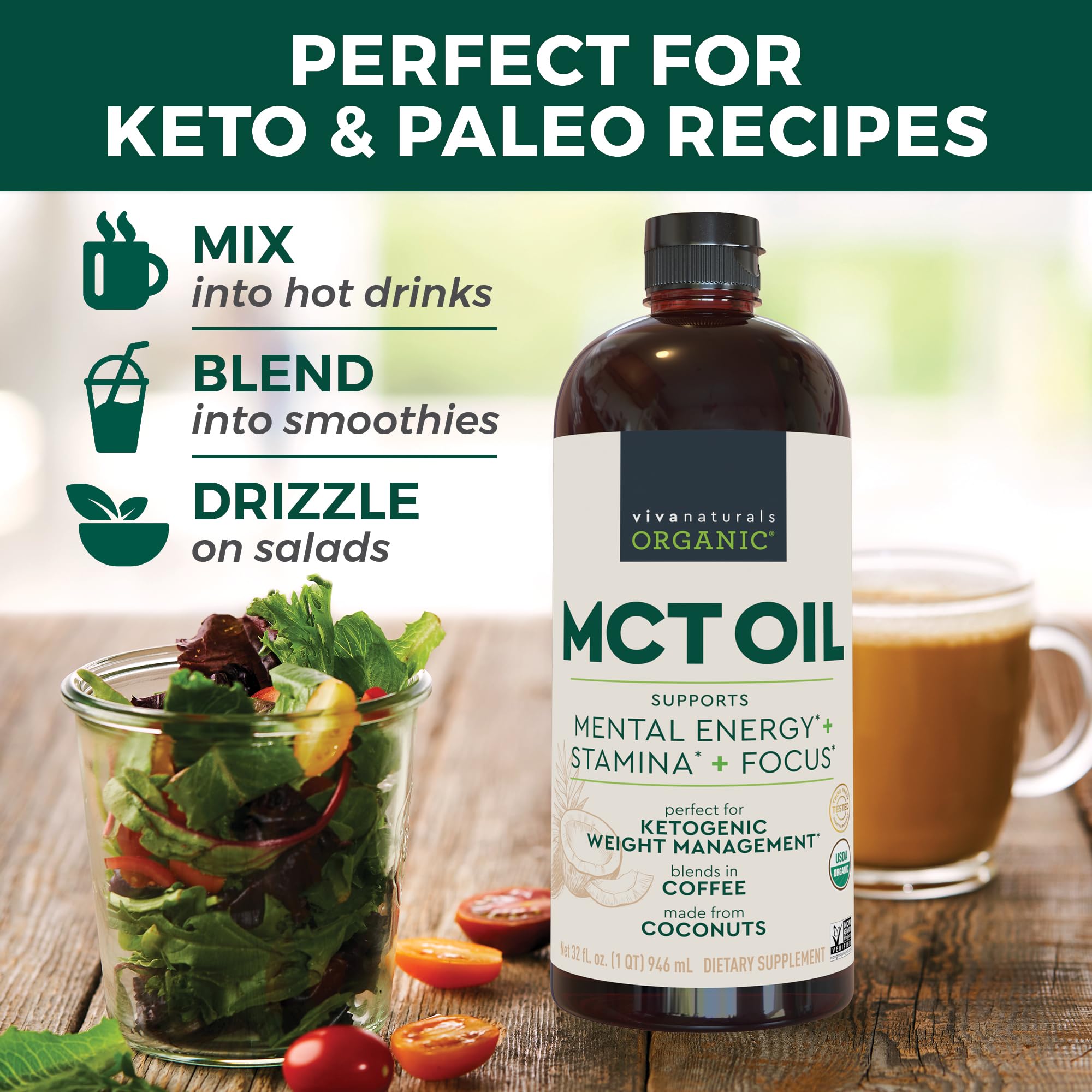 Viva Naturals Organic MCT Oil 959g with salad ingredients