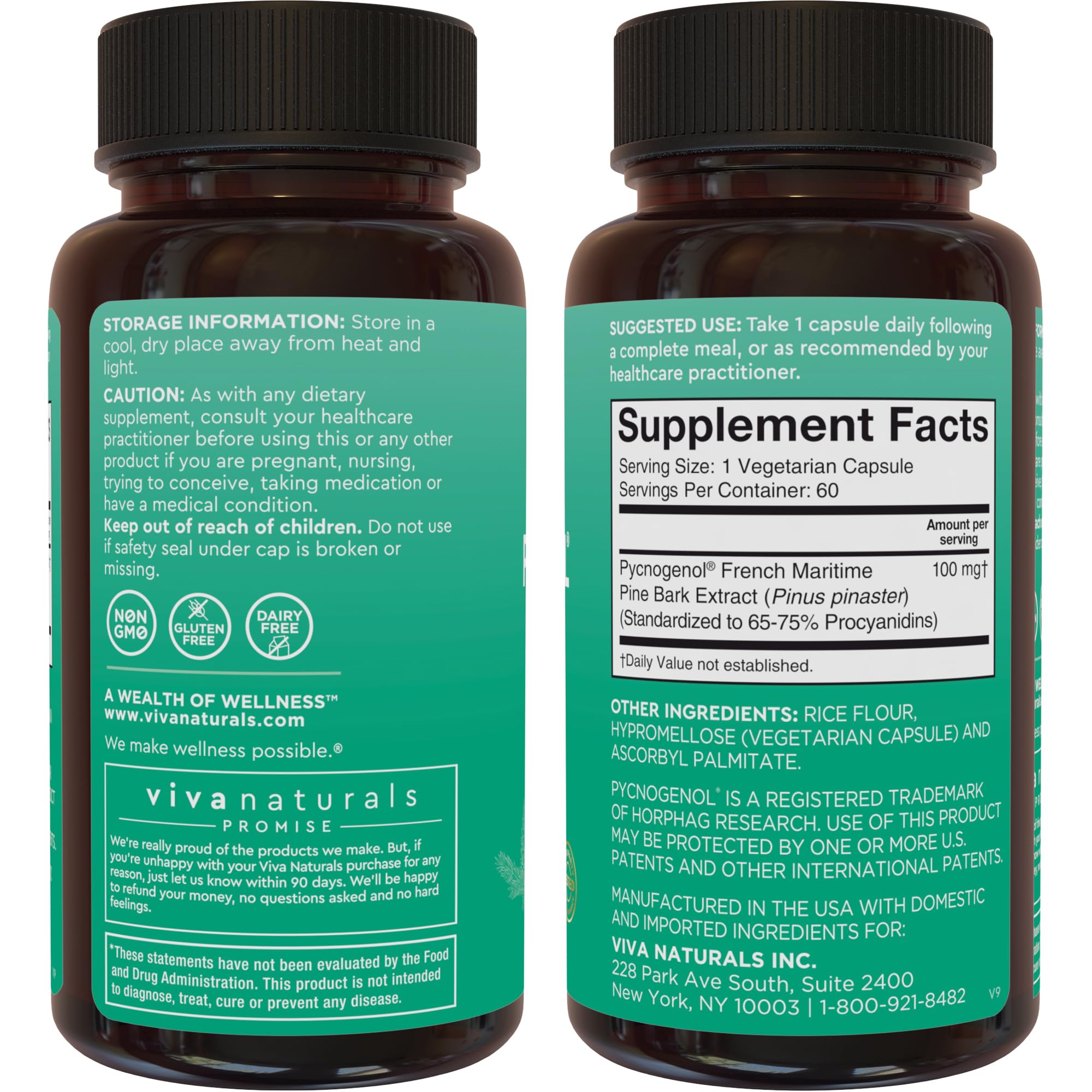 Viva Naturals Pycnogenol 100 mg Capsules on a wooden table