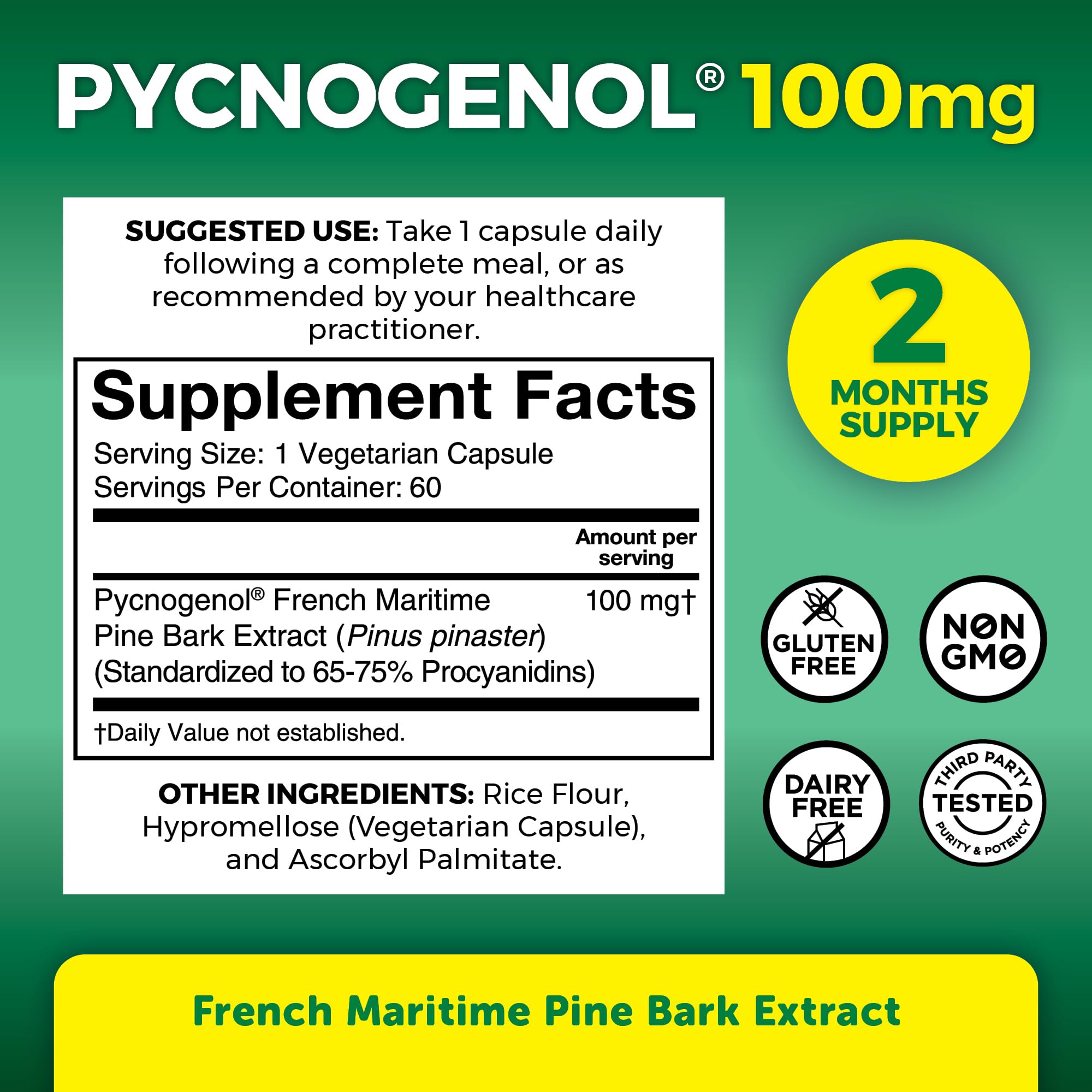 Viva Naturals Pycnogenol 100 mg Capsules open bottle with capsules