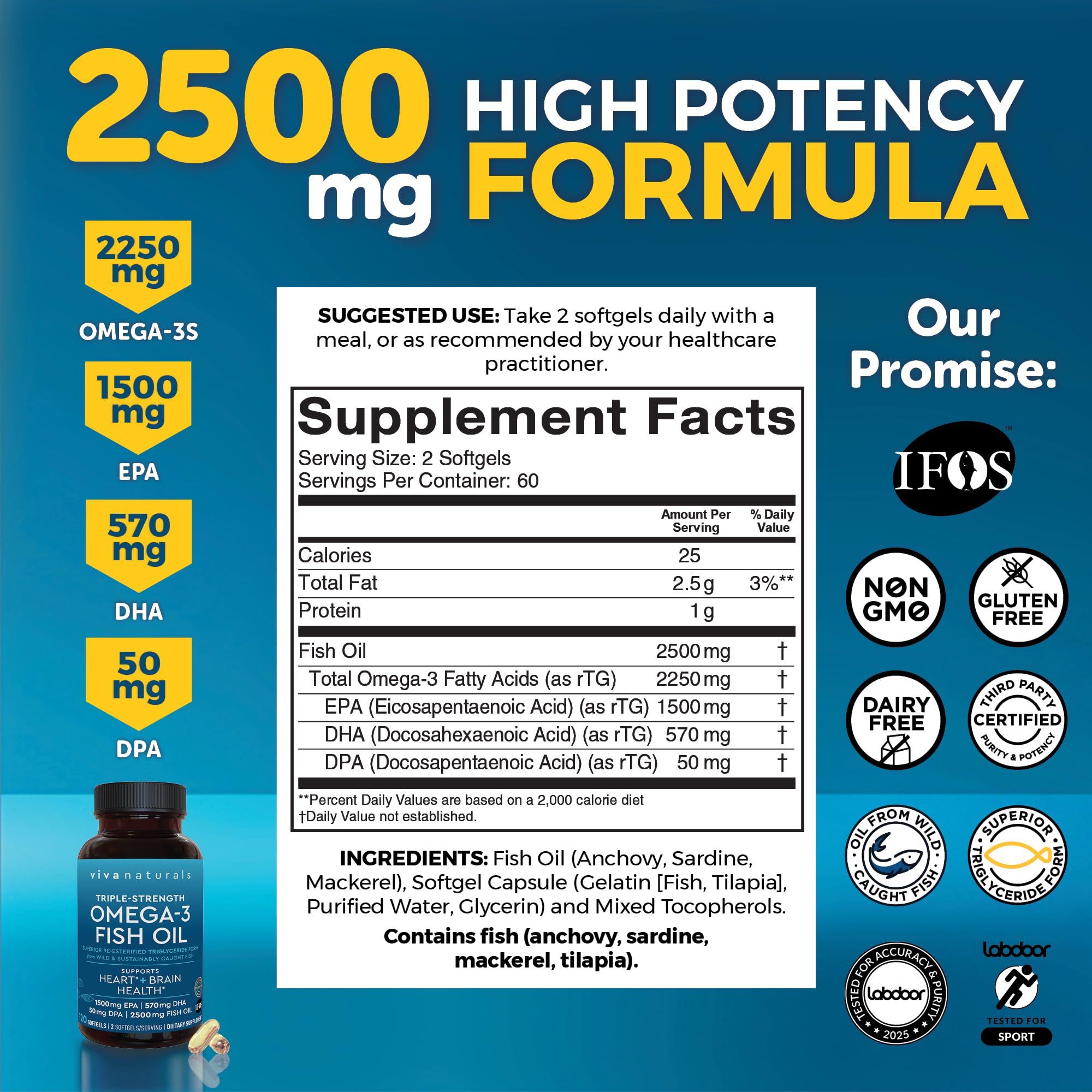 Viva Naturals Triple Strength Omega-3 Fish Oil 2500mg softgel side view