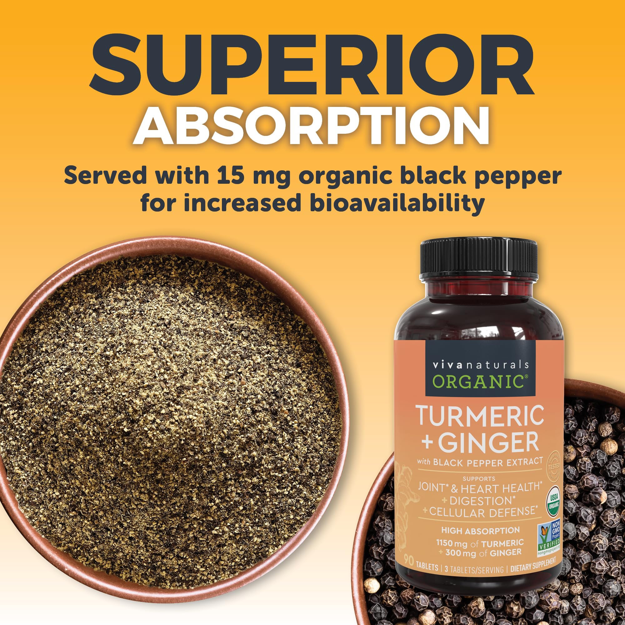 Viva Naturals Turmeric and Ginger Supplement bottle on a table