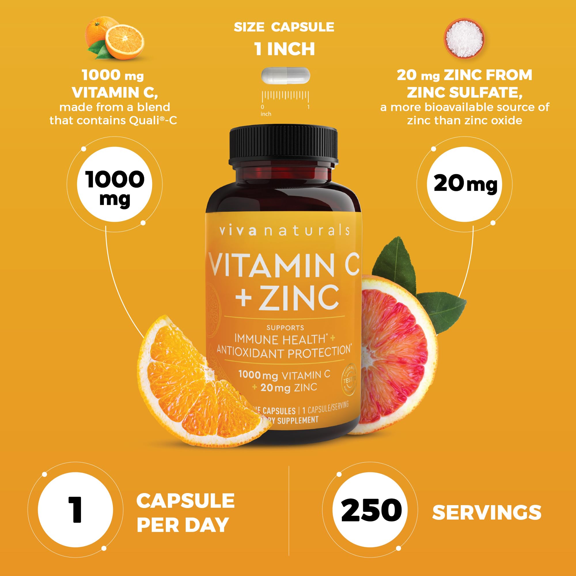 Viva Naturals Vitamin C + Zinc Sulfate capsules on a wooden table