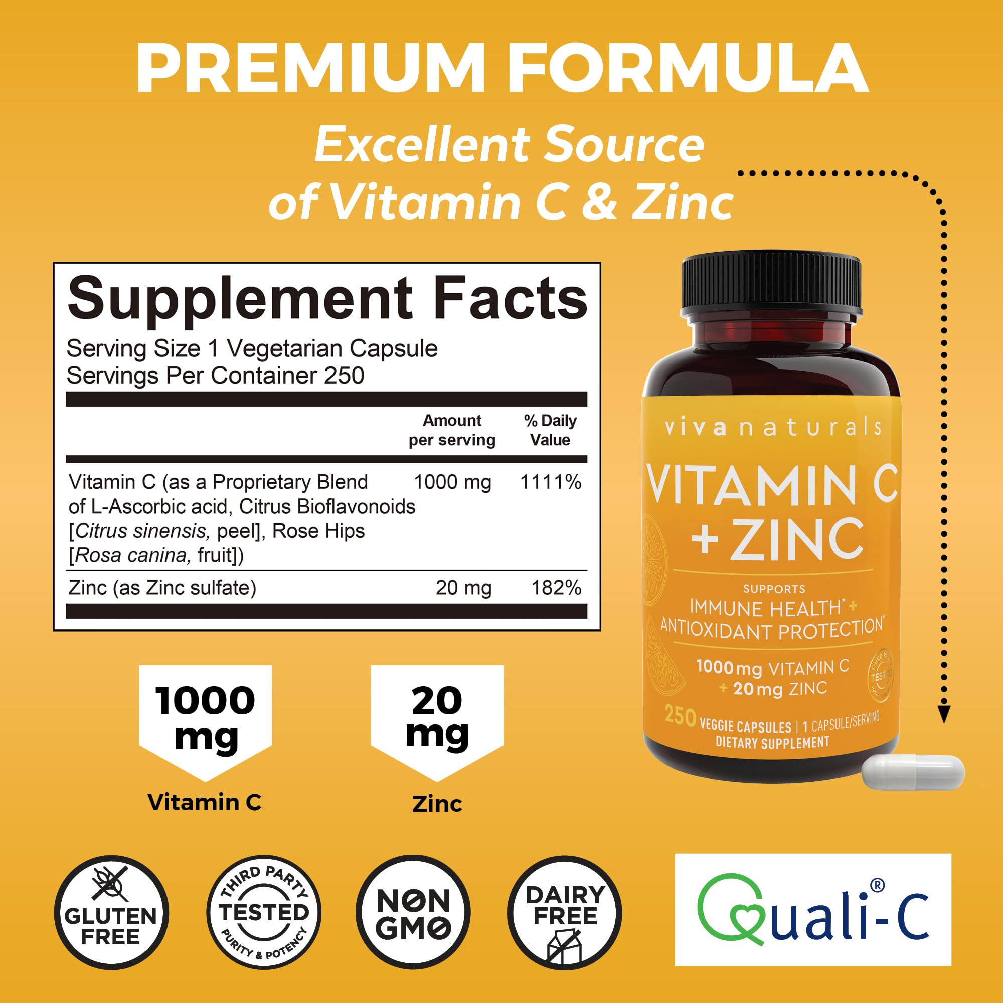 Viva Naturals Vitamin C + Zinc Sulfate capsules side view