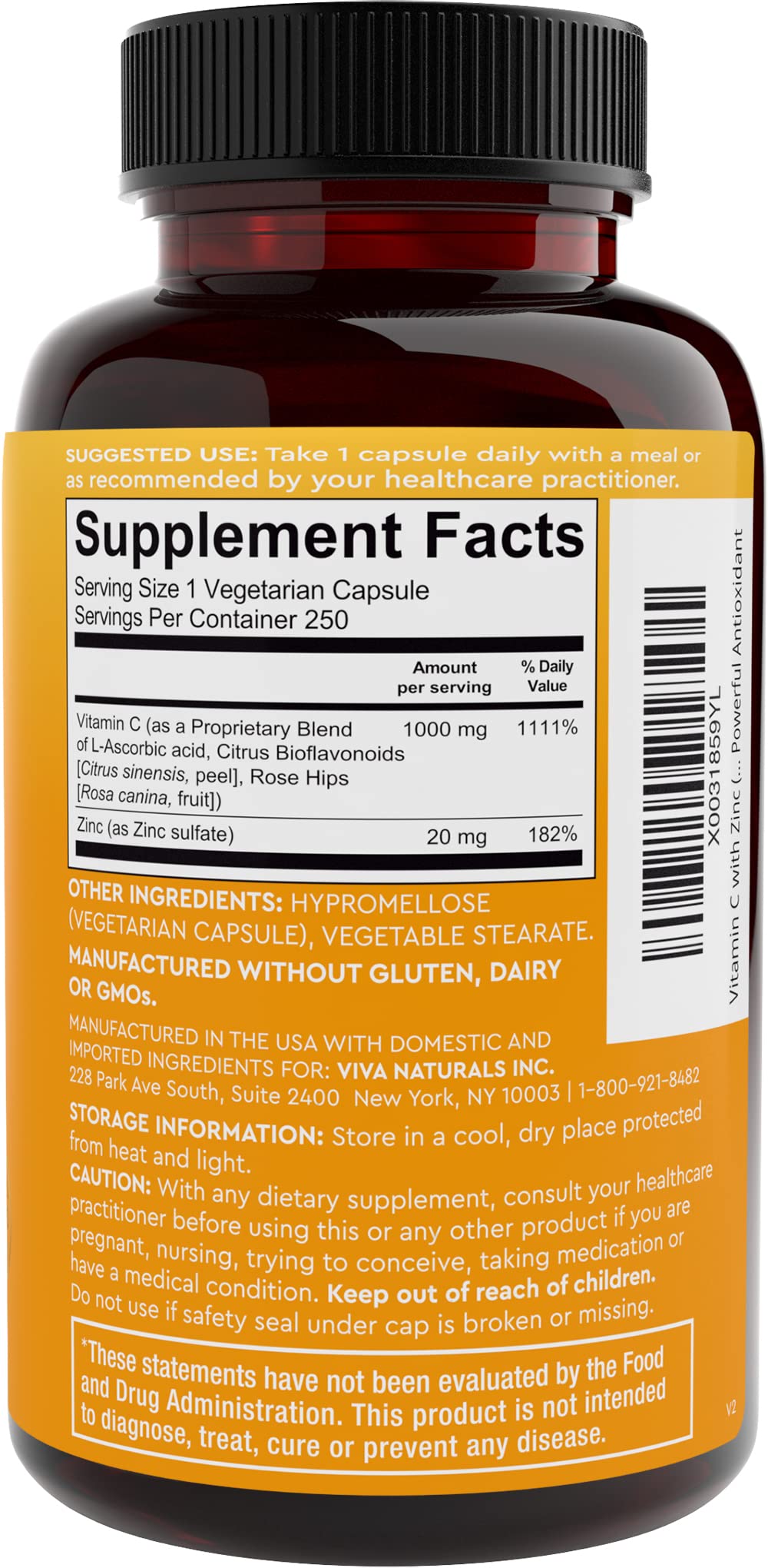 Viva Naturals Vitamin C + Zinc Sulfate capsules with a glass of water