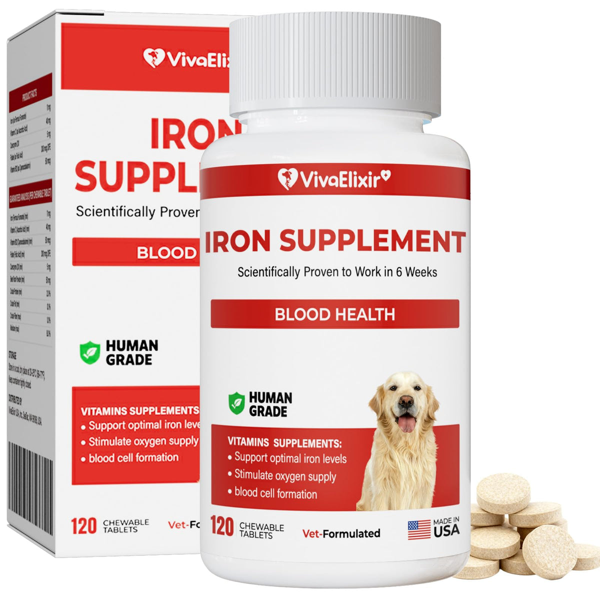 VivaElixir Iron Supplement for Dogs chewable tablet front view