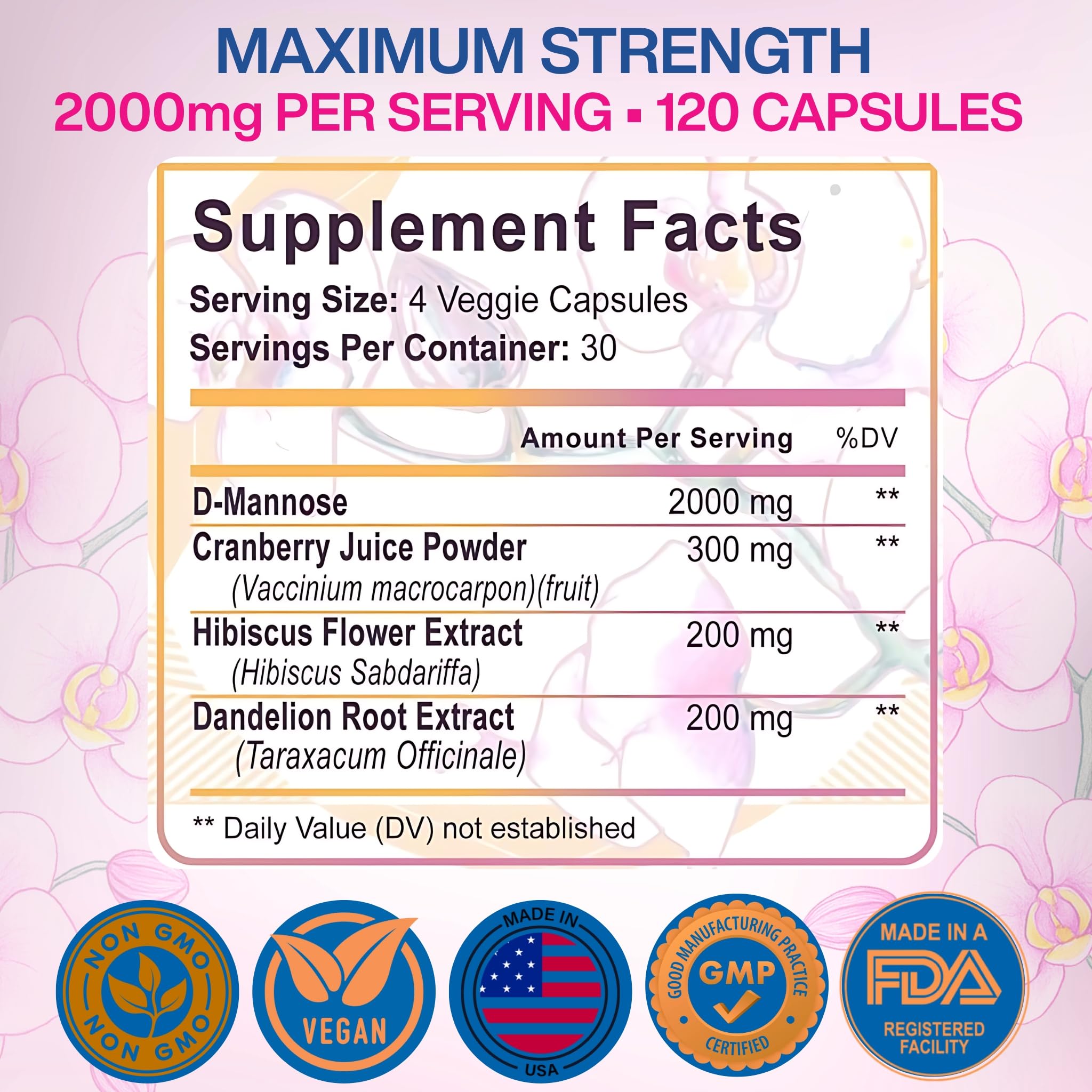 VIVANUTRA Cranberry D-Mannose Capsules 120 Count side view